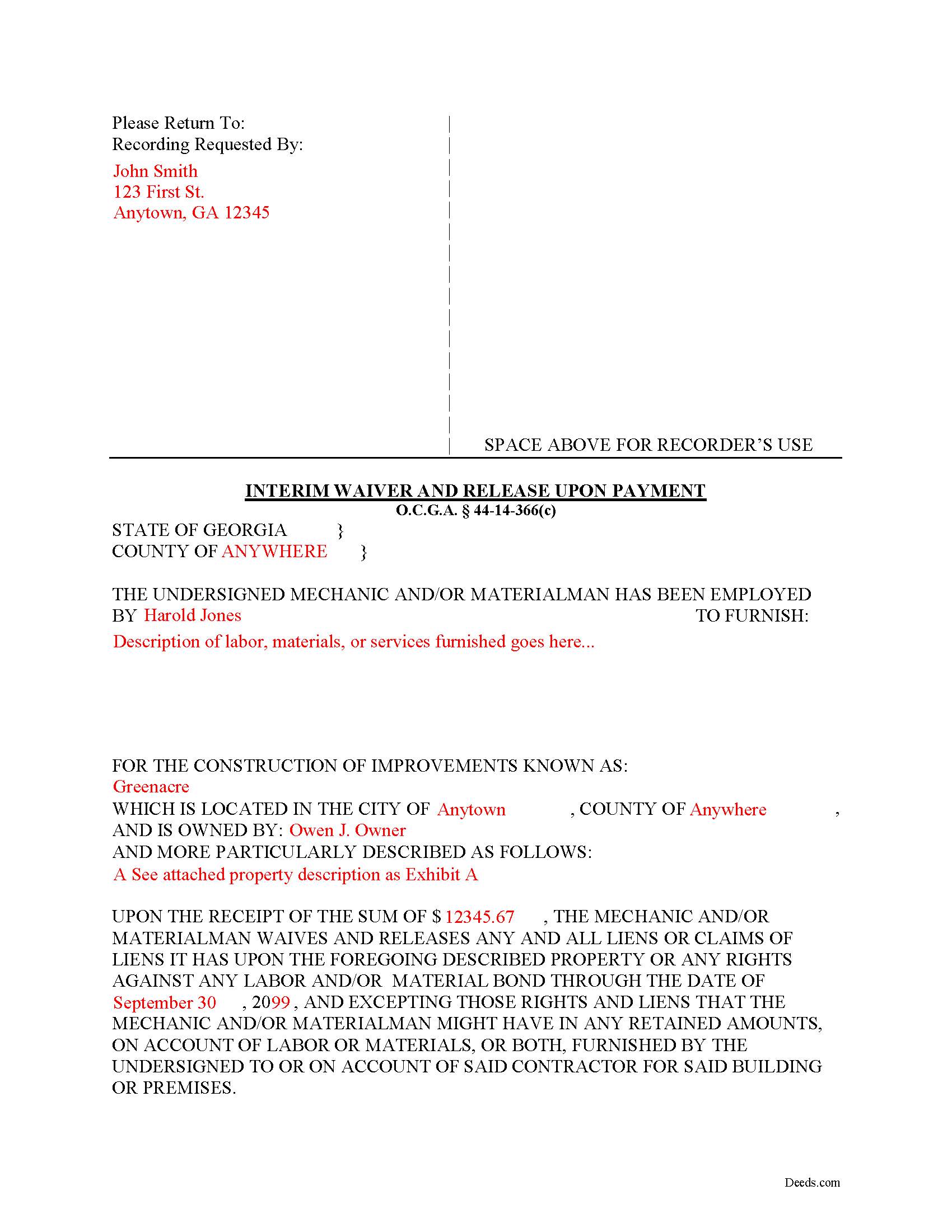 Completed Example of the Interim Lien Waiver and Release Document