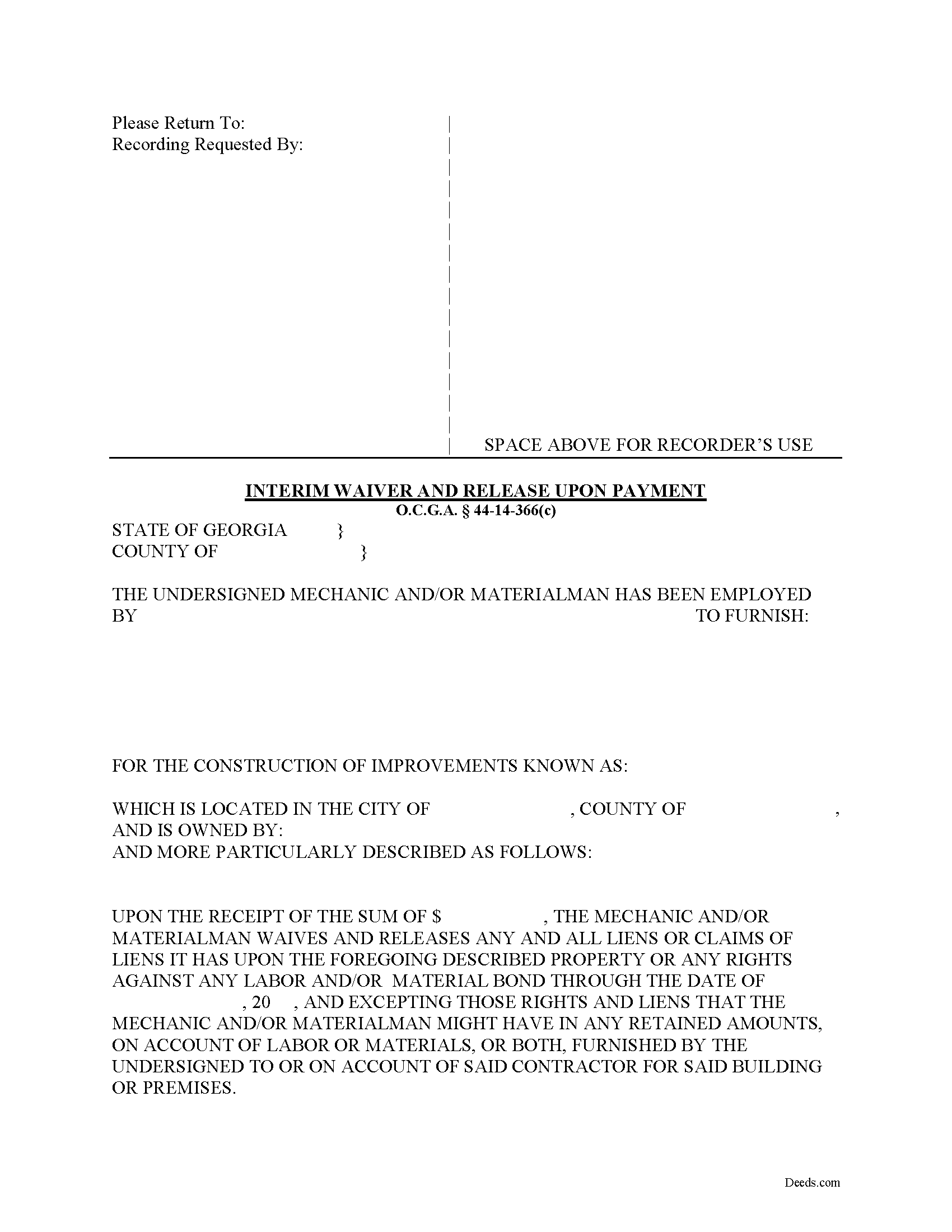 Bryan County Interim Lien Waiver and Release Form