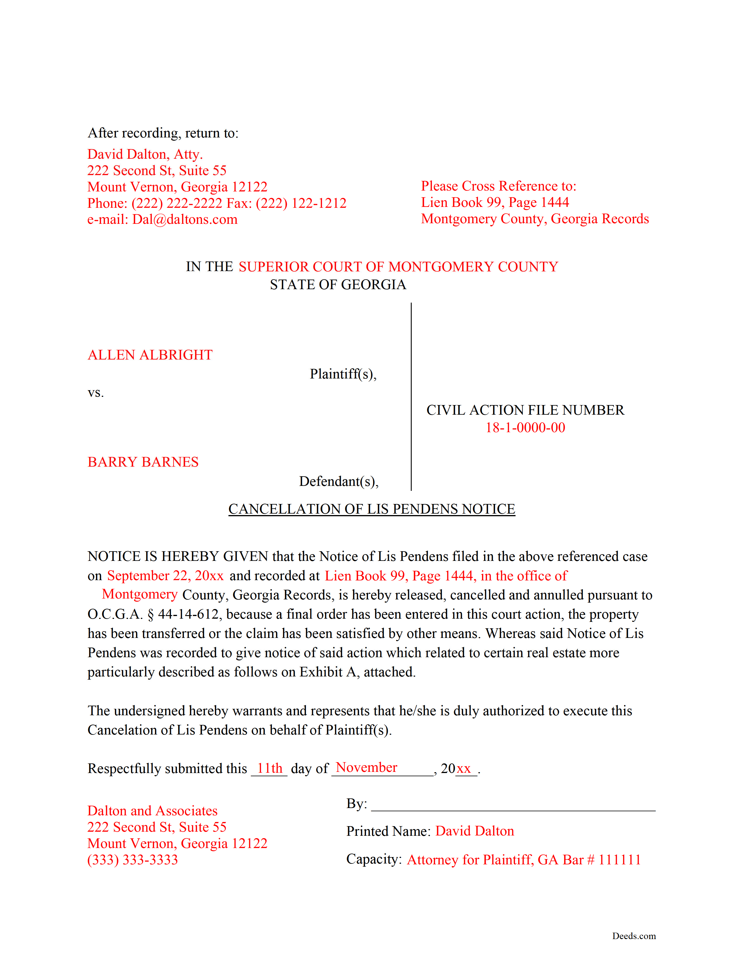 Bryan County Completed Example of the Lis Pendens Discharge Document