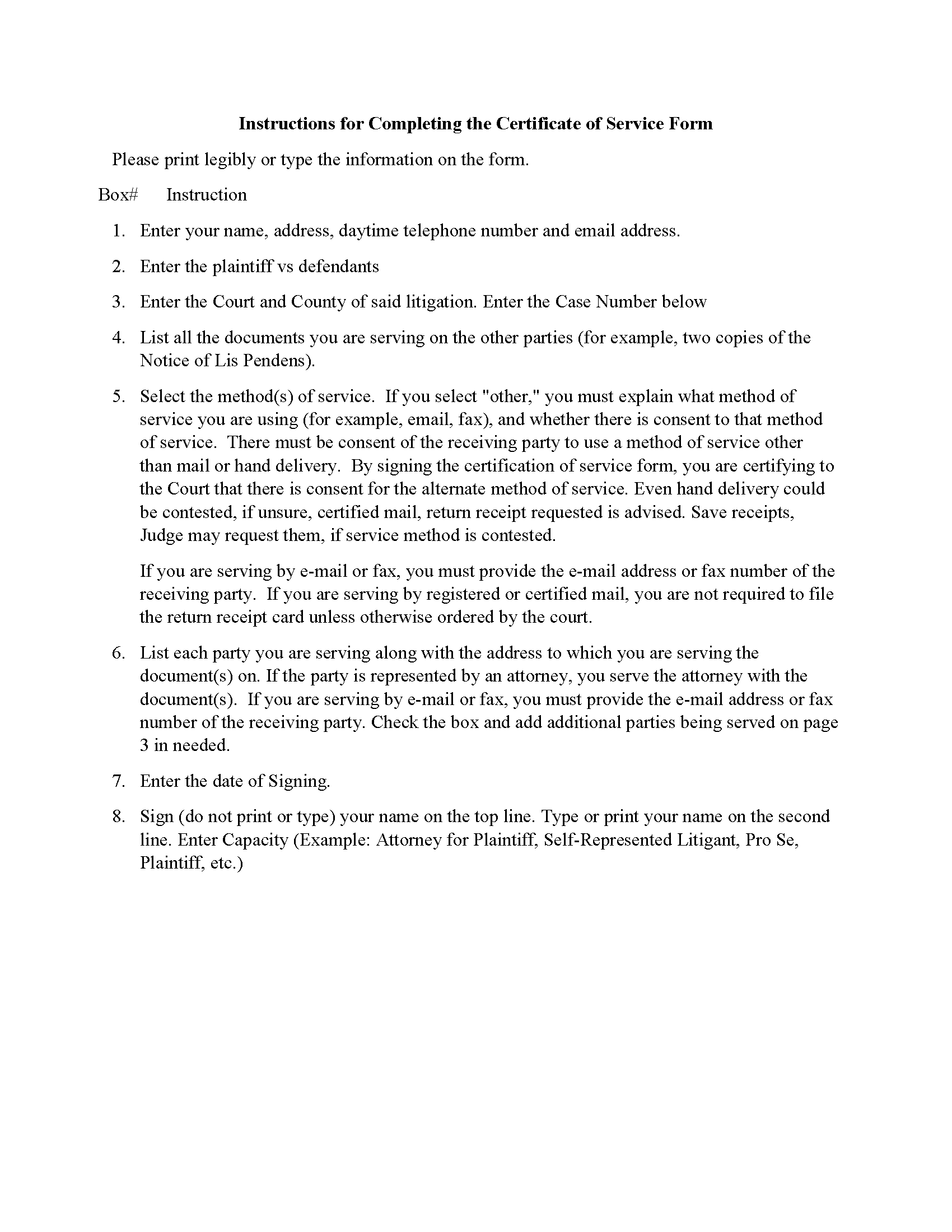 Bryan County Certificate of Service Form