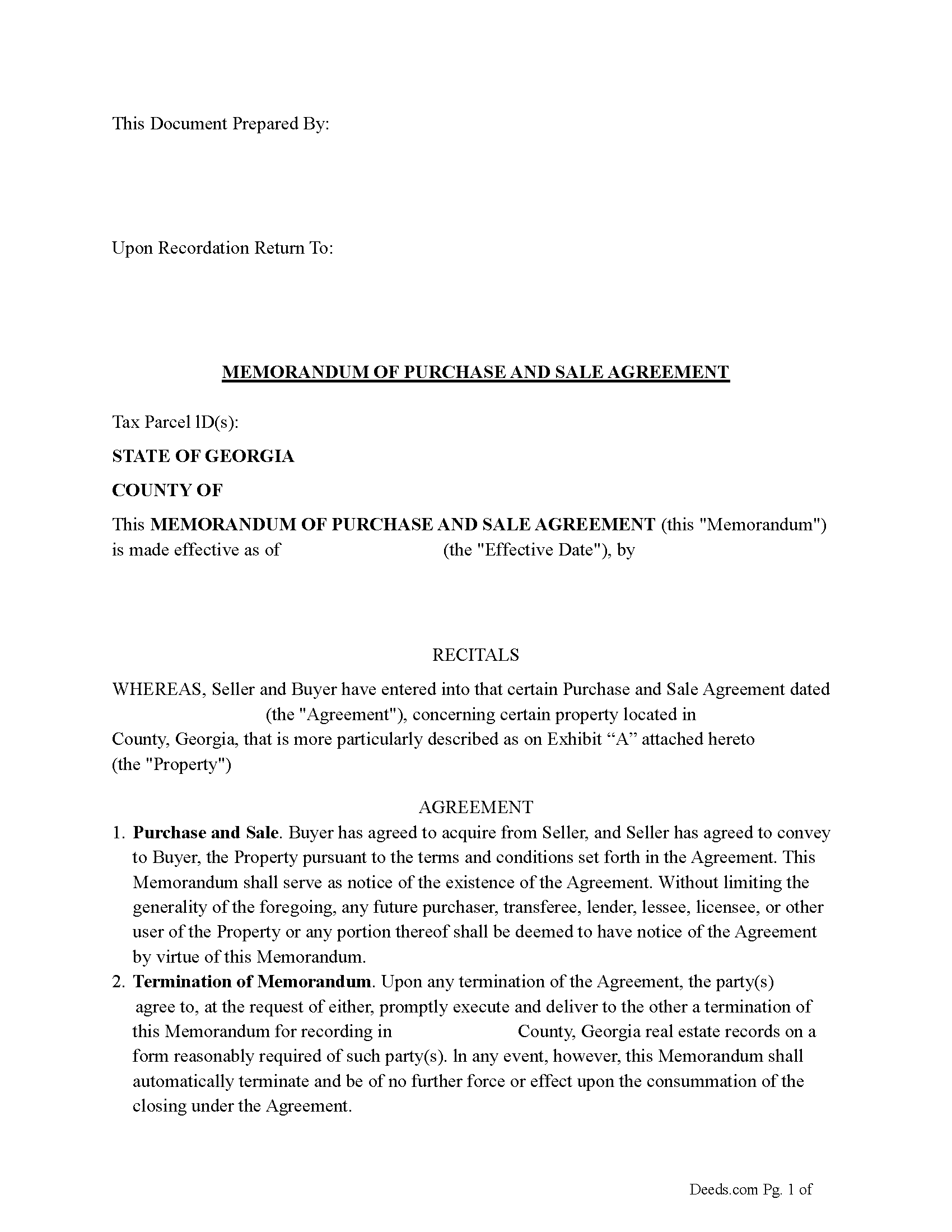 Bryan County Memorandum of Purchase and Sale Agreement Form