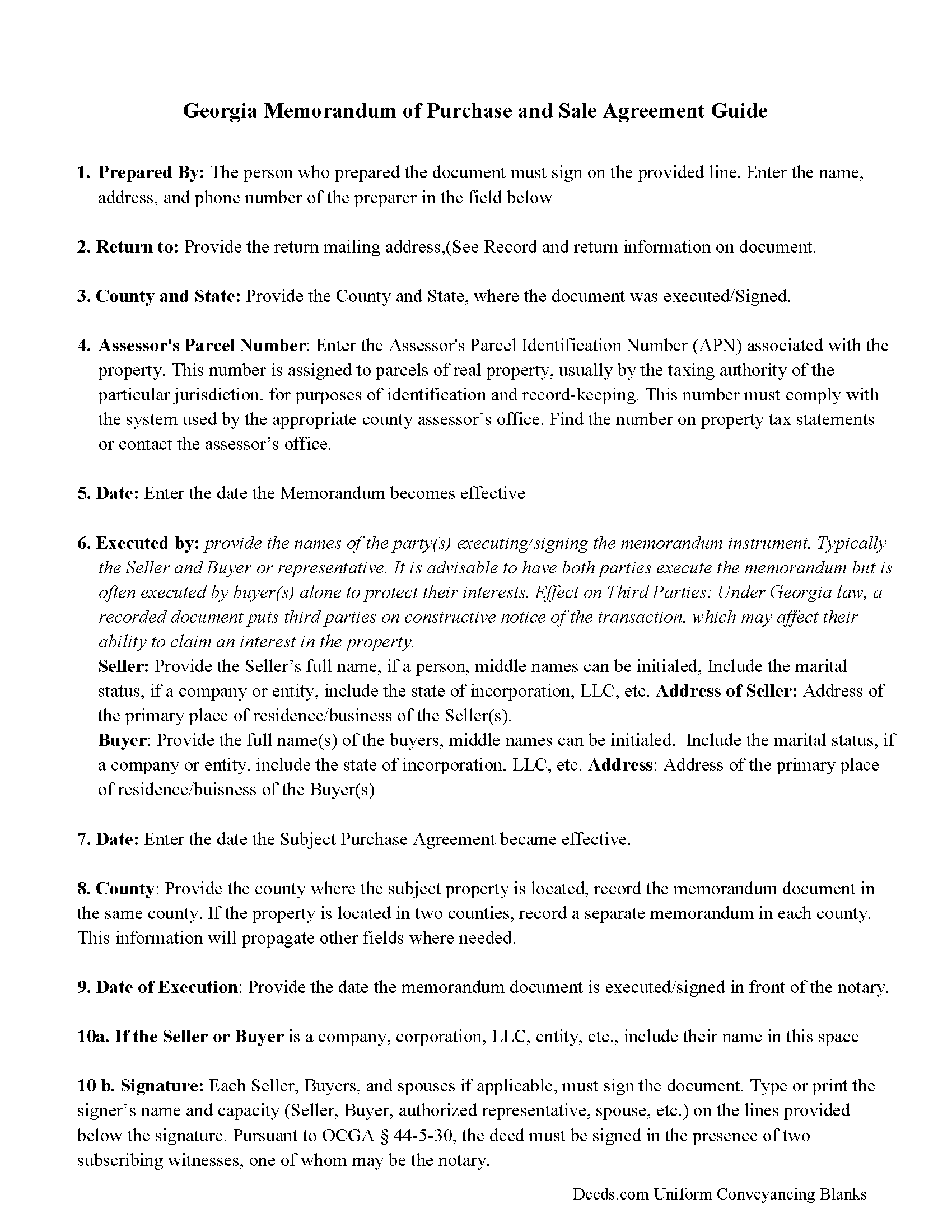 Bryan County Memorandum of Purchase and Sale Agreement Guide