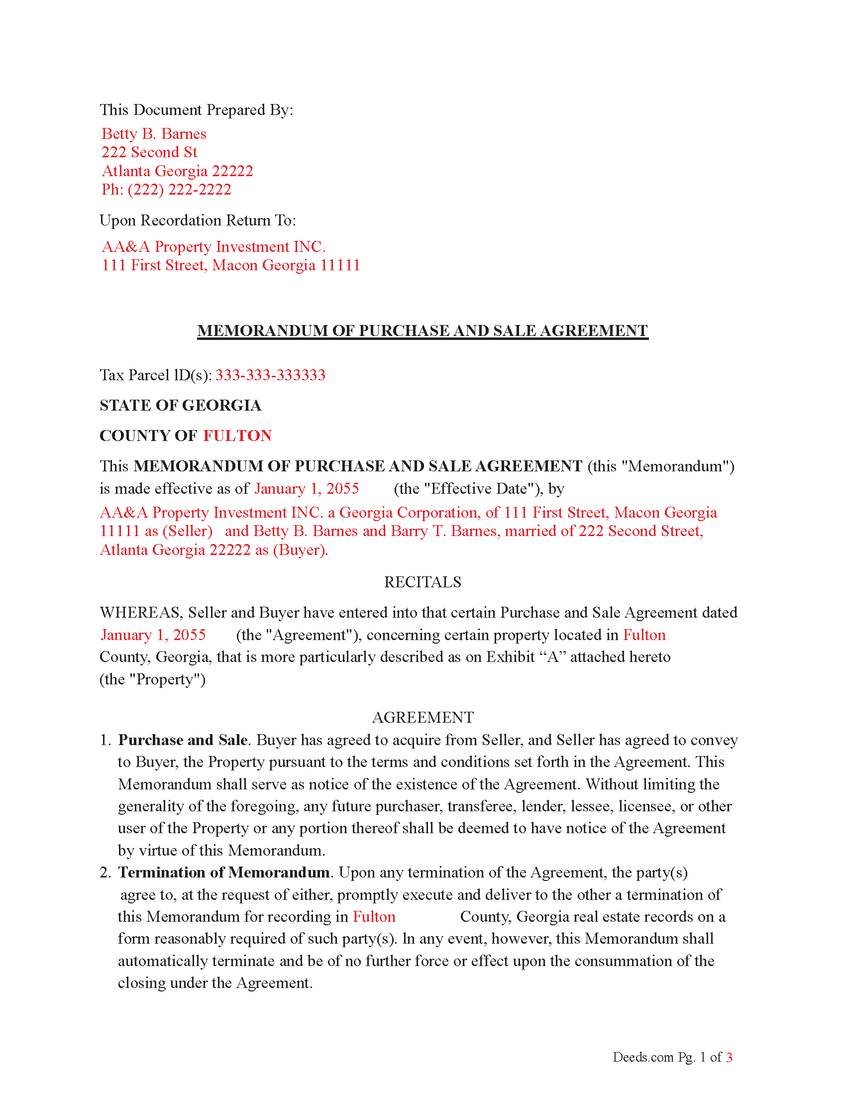 Bryan County Completed Example of the Memorandum of Purchase and Sale Agreement Document