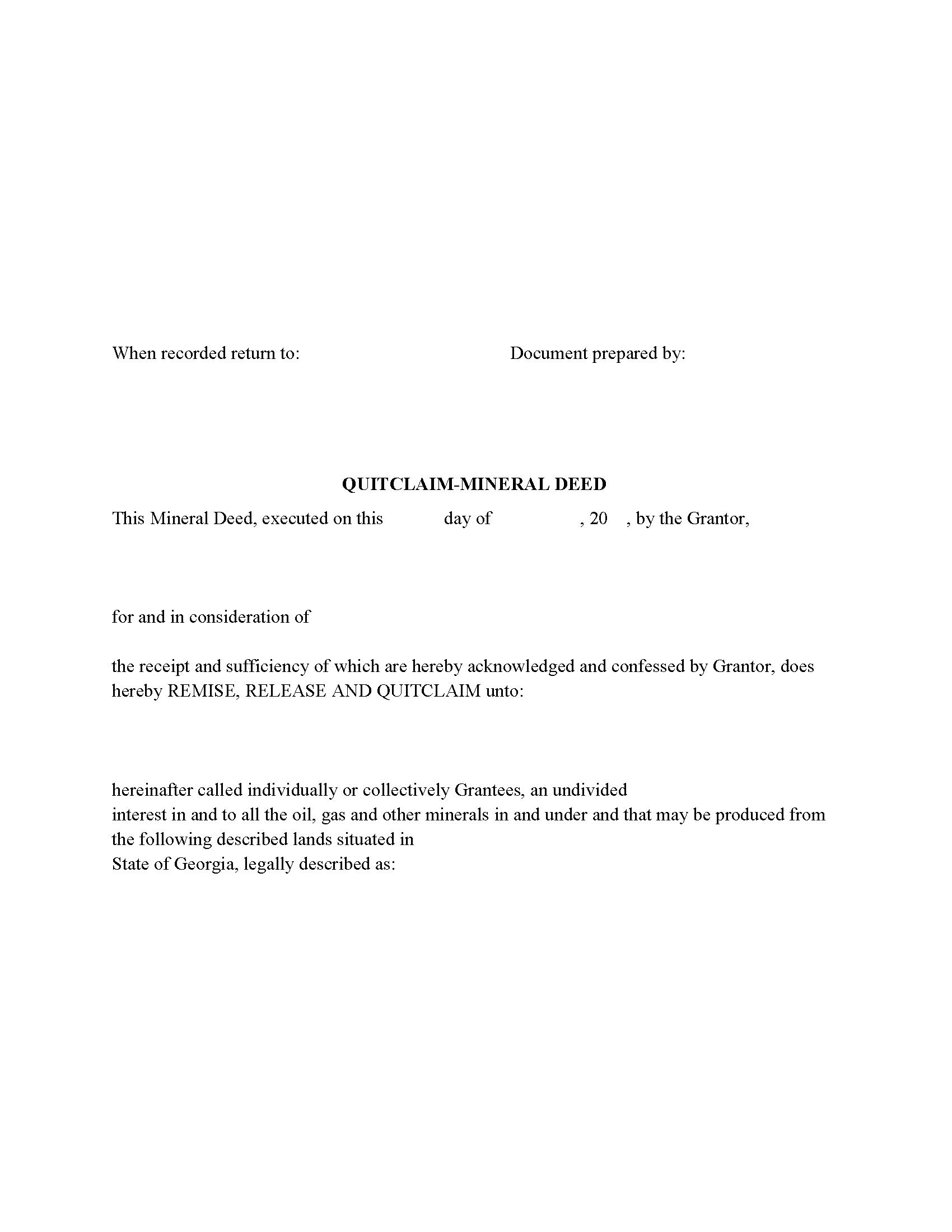 Bryan County Mineral Deed with Quitclaim Covenants Form
