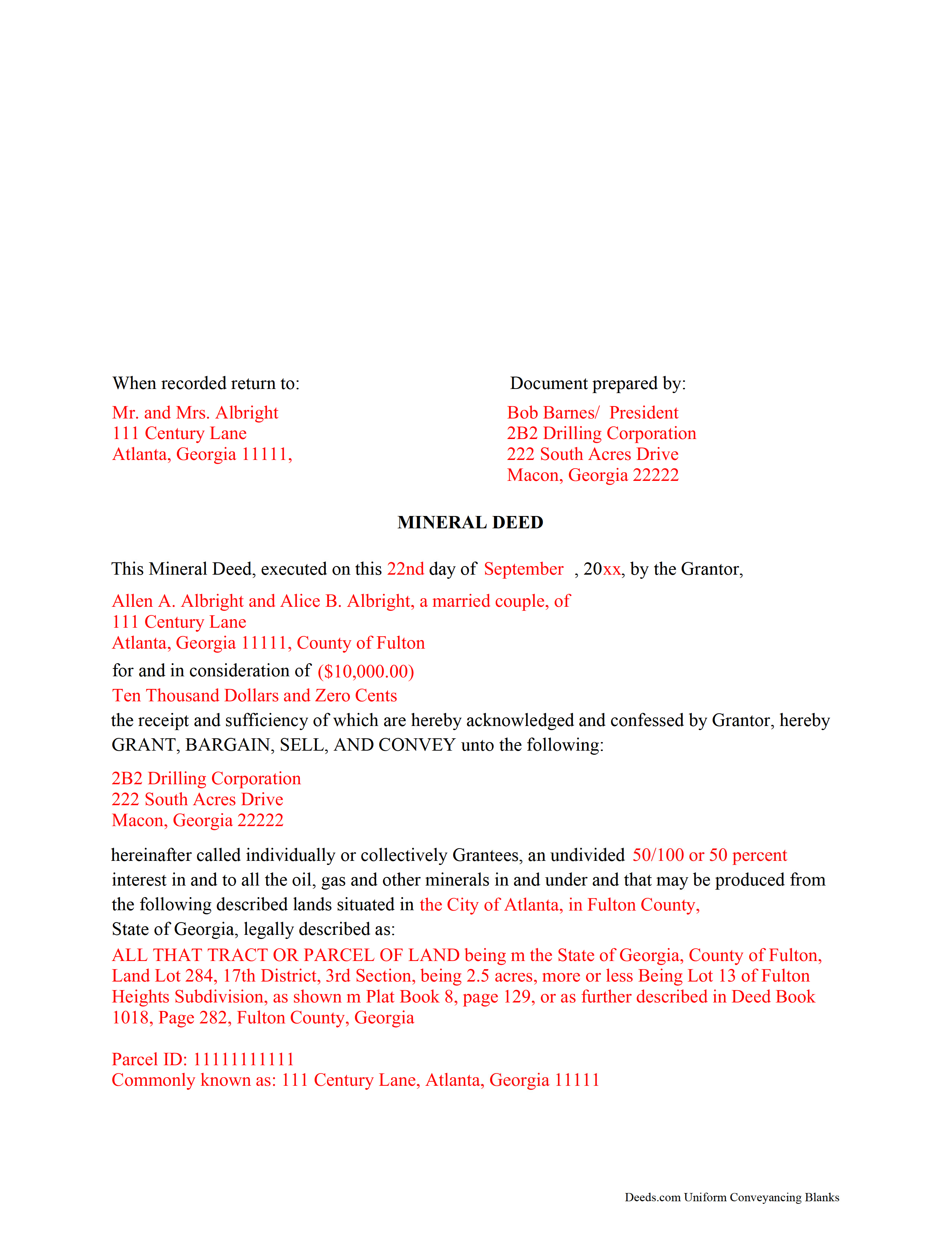 Bryan County Completed Example of a Mineral Deed Document