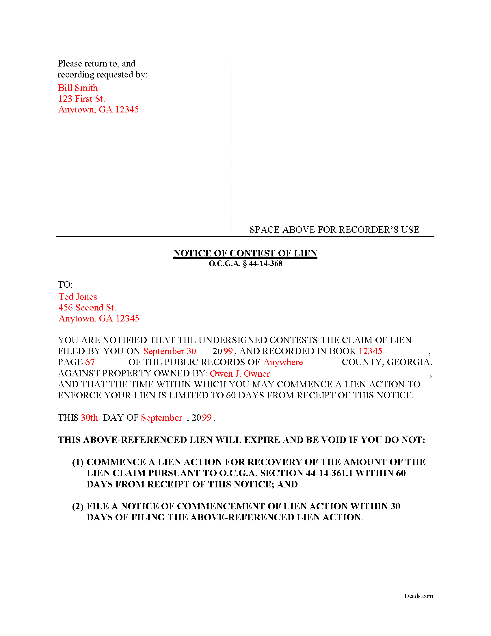 Bryan County Completed Example of the Notice of Contest of Lien Document