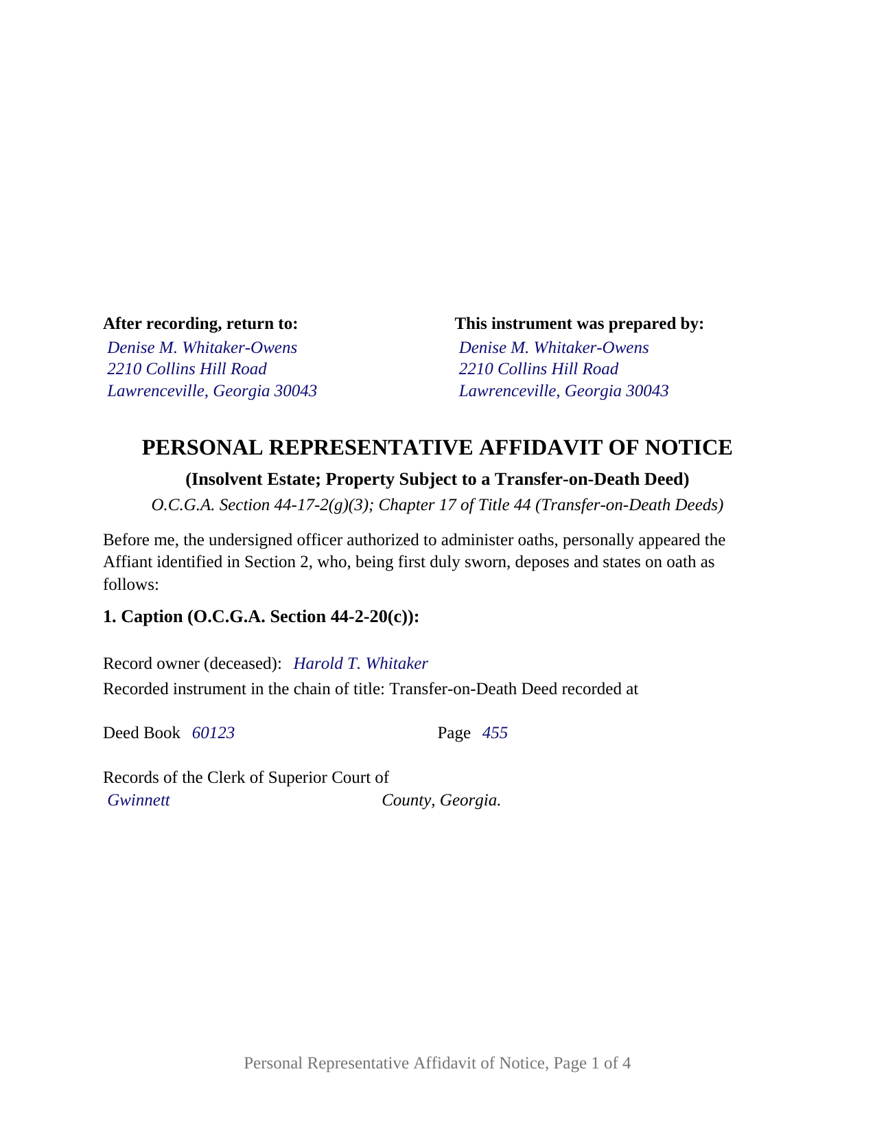 Bacon County Completed Example of the Personal Representative Affidavit of Notice Document