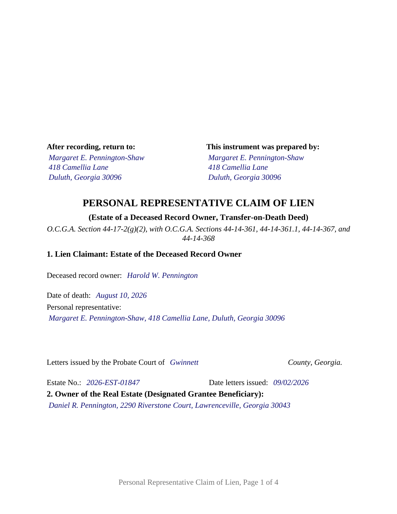 Ware County Completed Example of the Personal Representative Claim of Lien Document