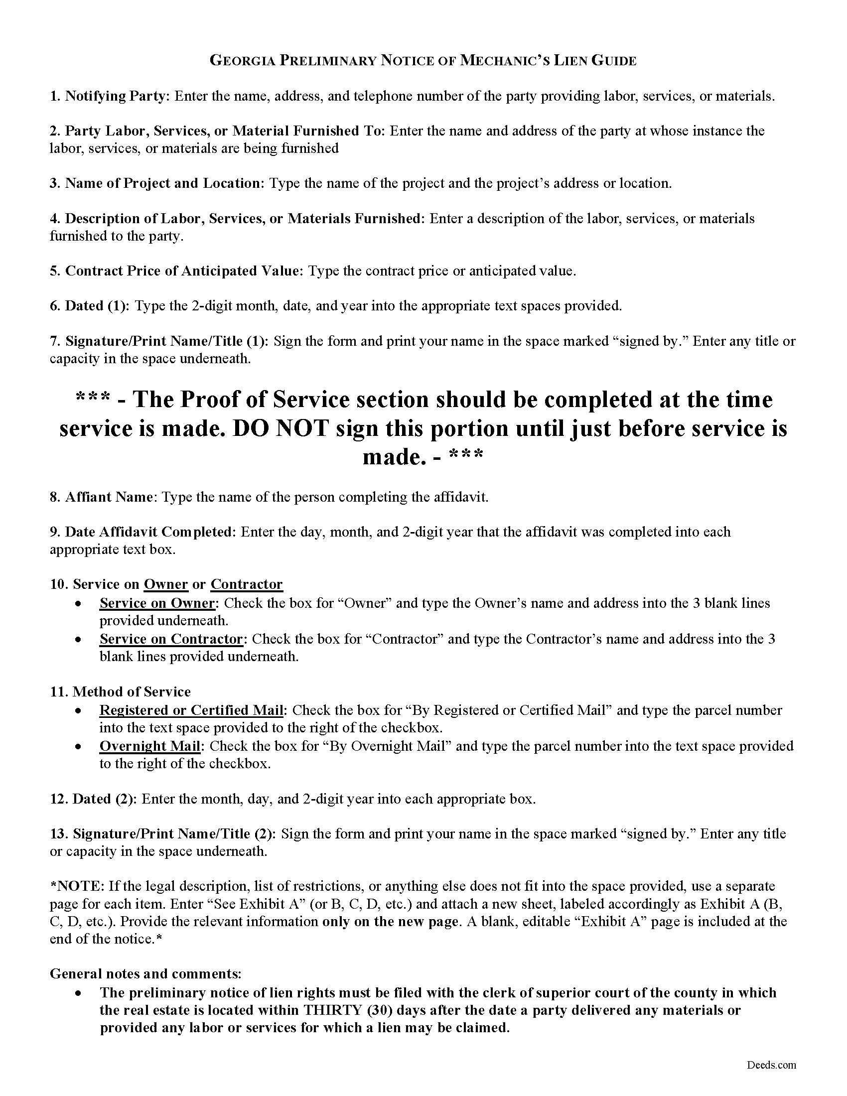 Bryan County Preliminary Notice of Mechanics Lien Guide