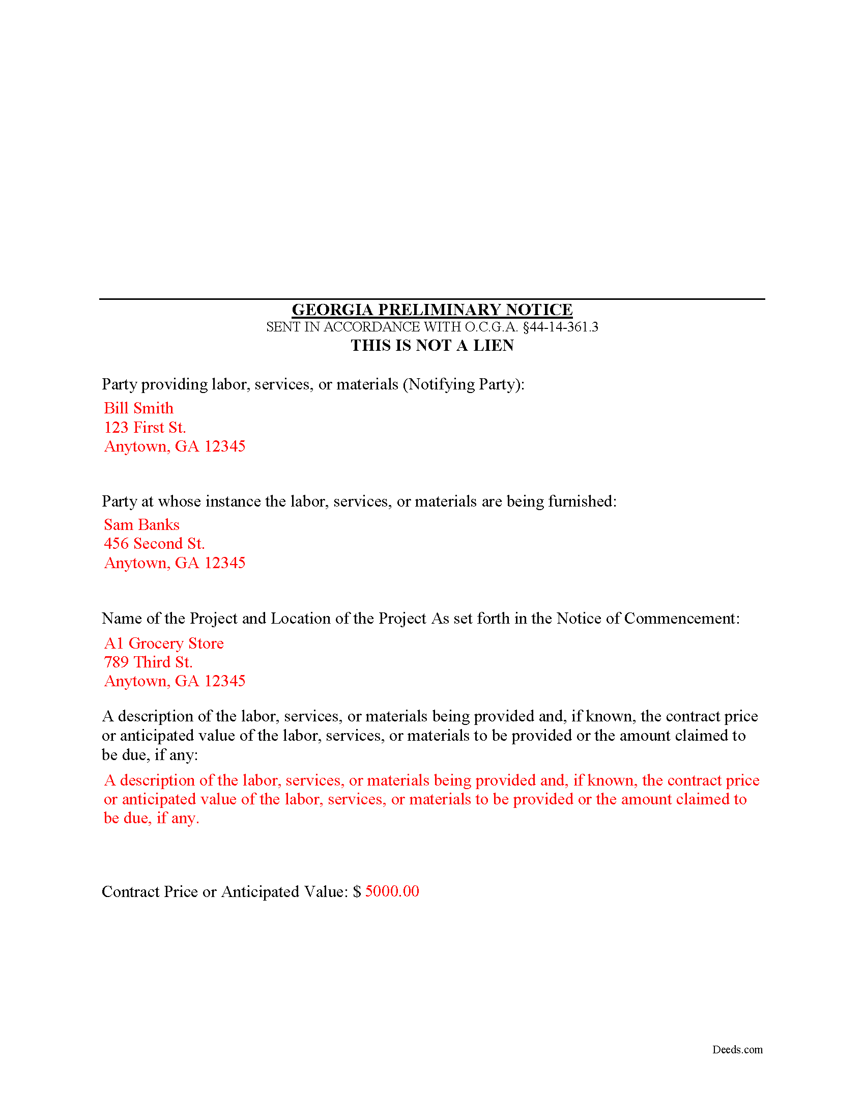 Bryan County Completed Example of the Preliminary Notice of Mechanics Lien Document