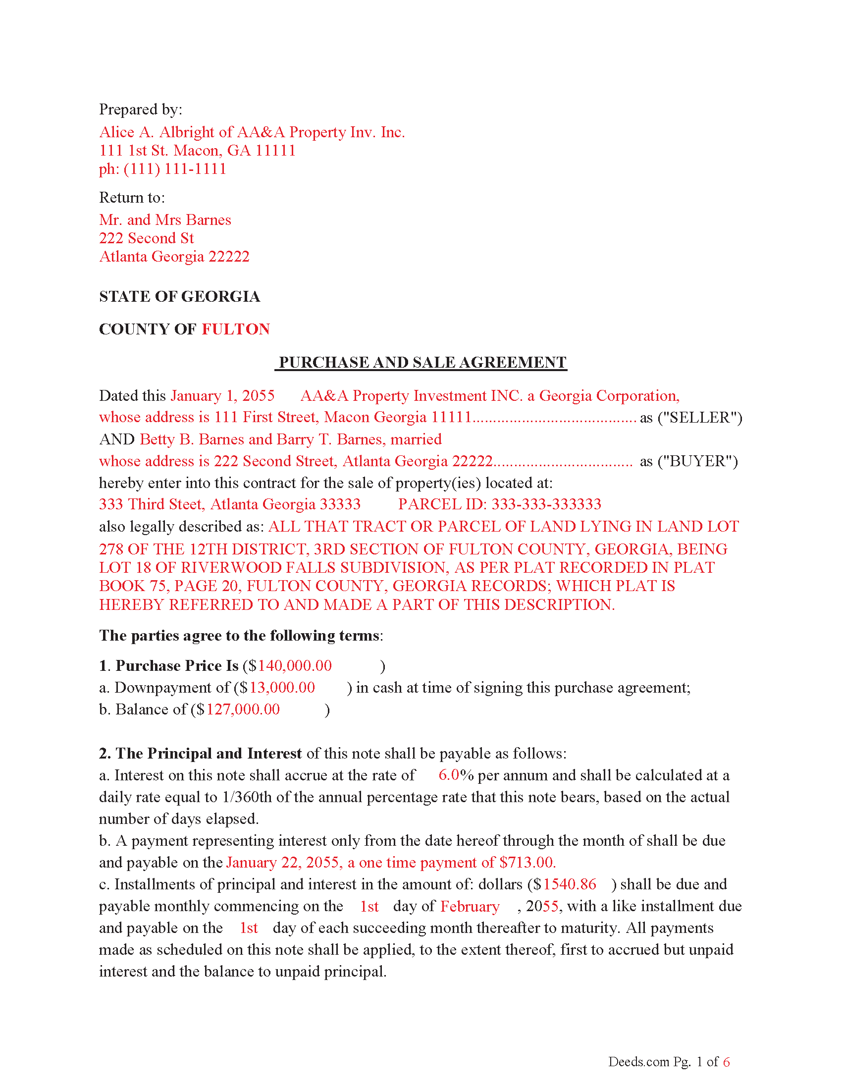 Bryan County Completed Example of the Purchase and Sale Agreement Document