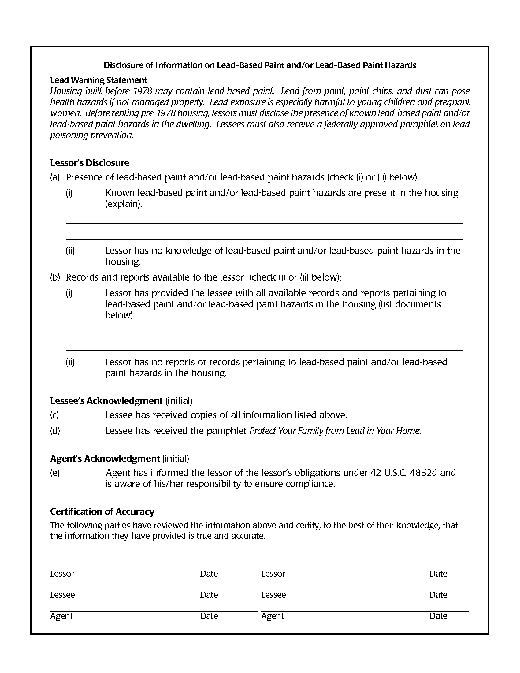 Bryan County Lead Based Paint Disclosure Form