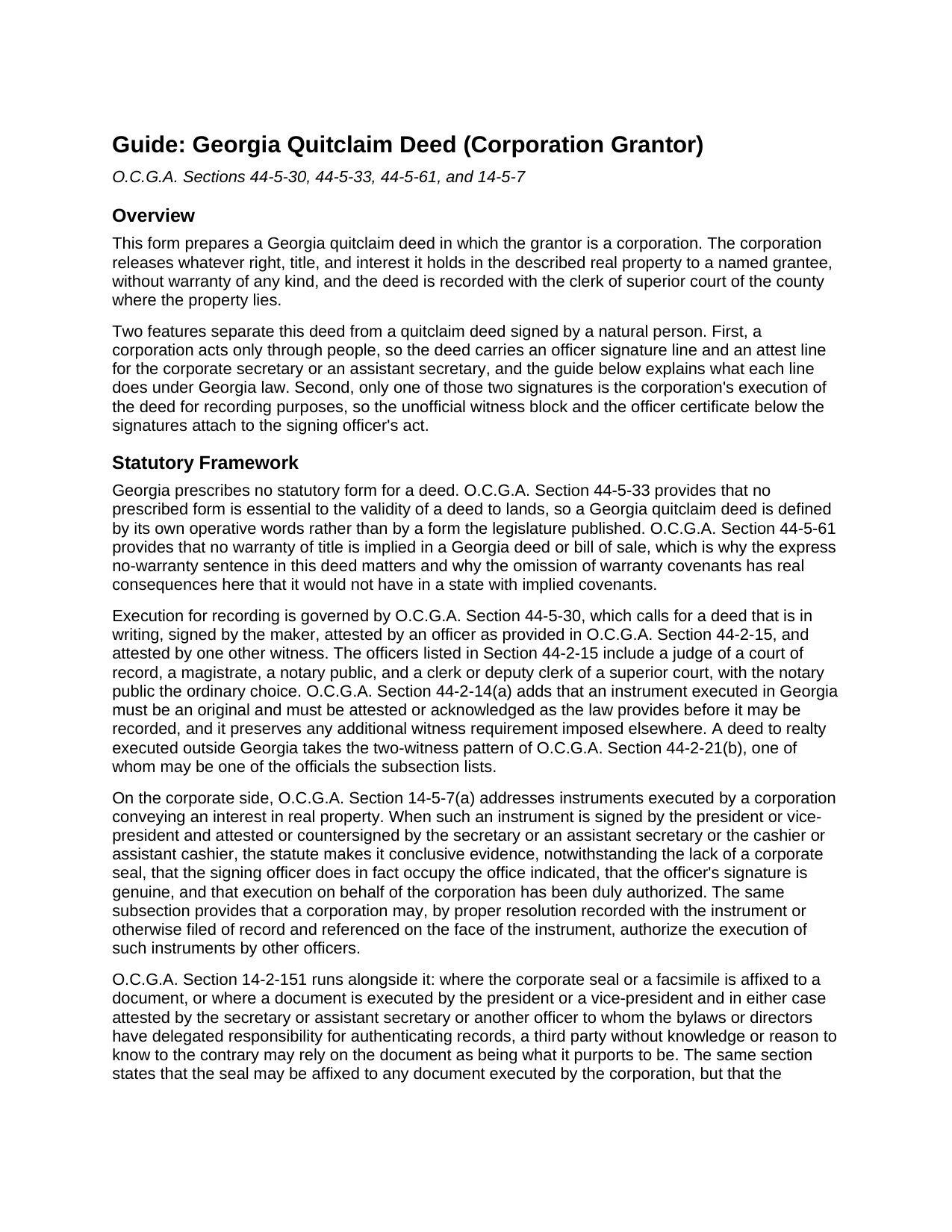 Butts County Quitclaim Deed (Corporation Grantor) Guide