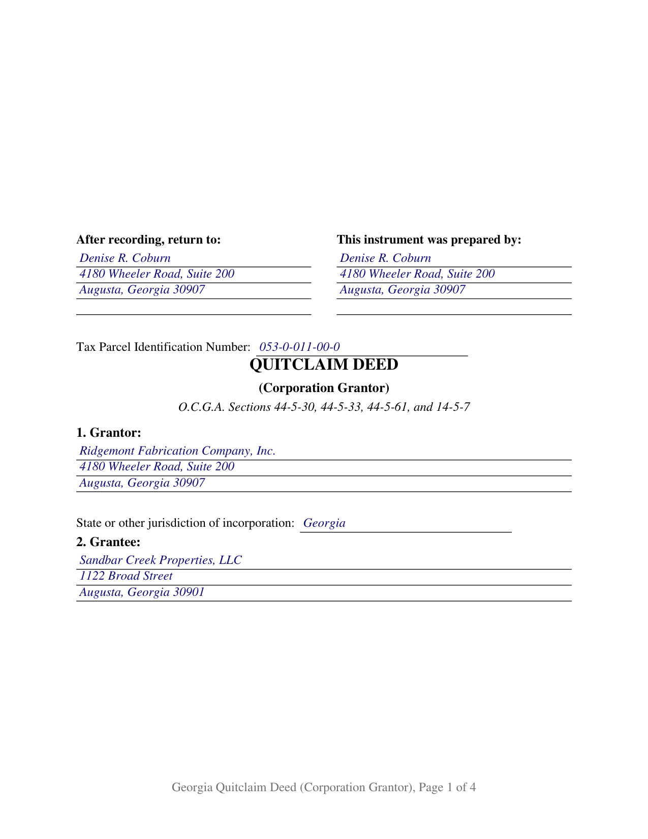 Butts County Completed Example of the Quitclaim Deed (Corporation Grantor) Document