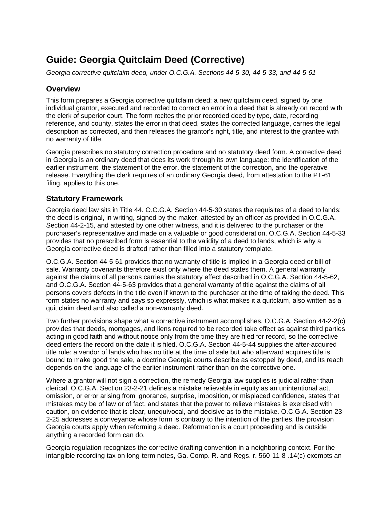 Effingham County Quitclaim Deed (Corrective) Guide