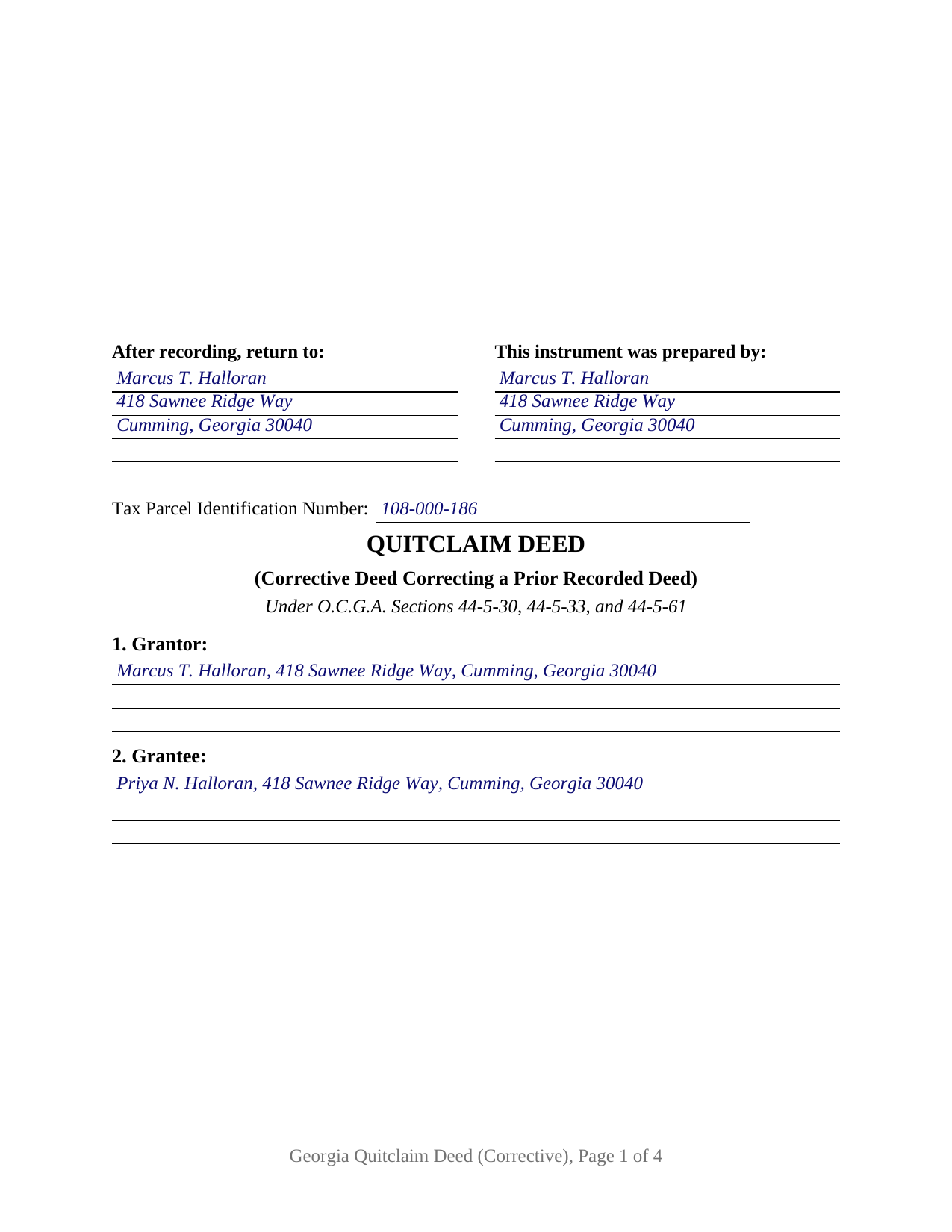 Effingham County Completed Example of the Quitclaim Deed (Corrective) Document