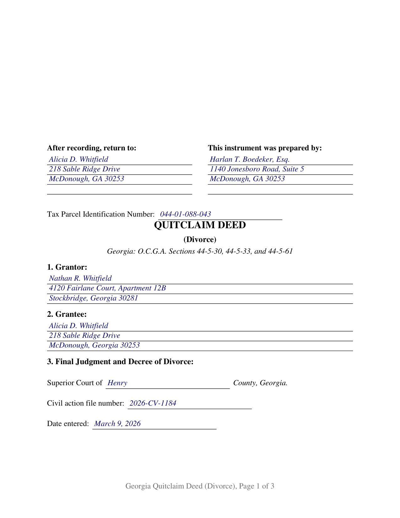 Gwinnett County Completed Example of the Quitclaim Deed (Divorce) Document