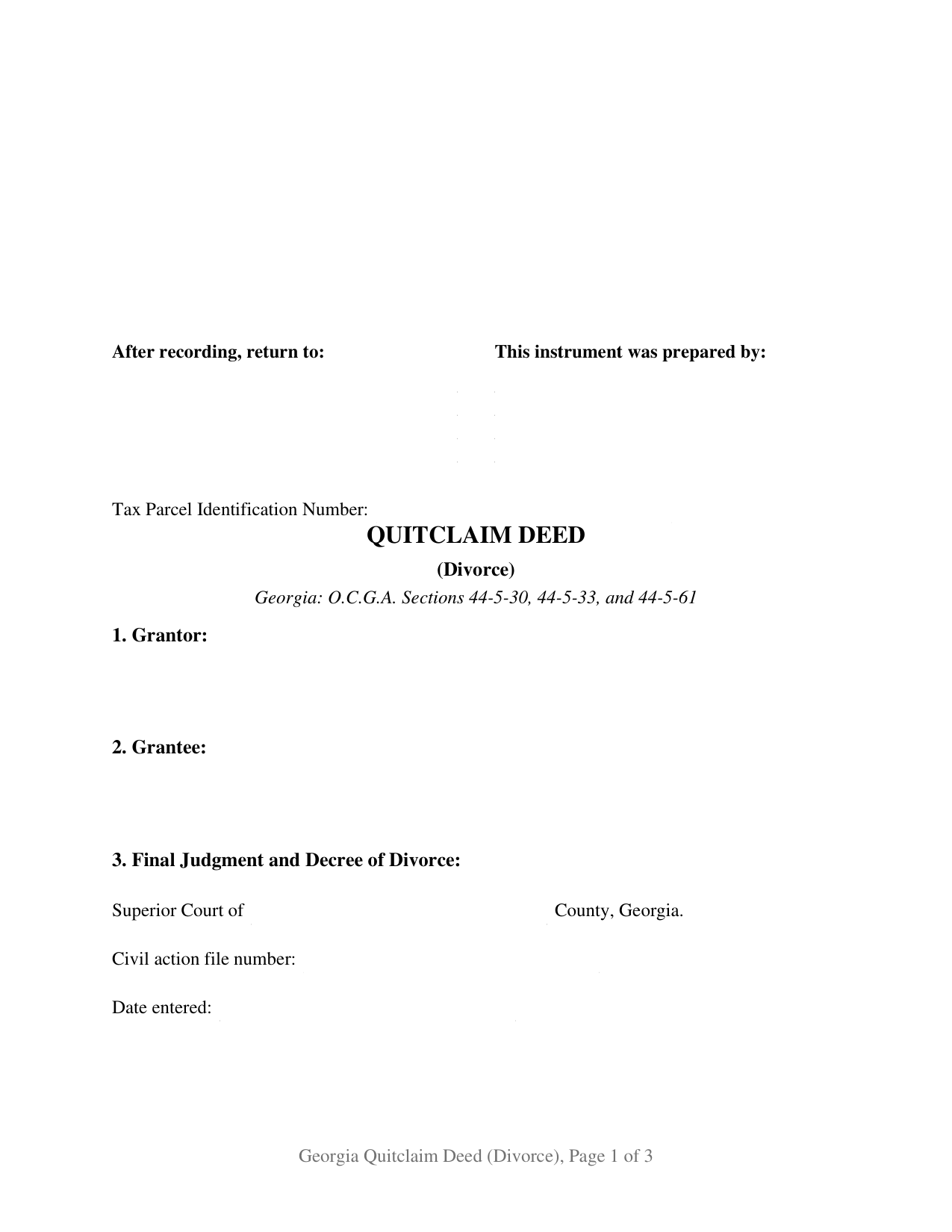 Gwinnett County Quitclaim Deed (Divorce) Form
