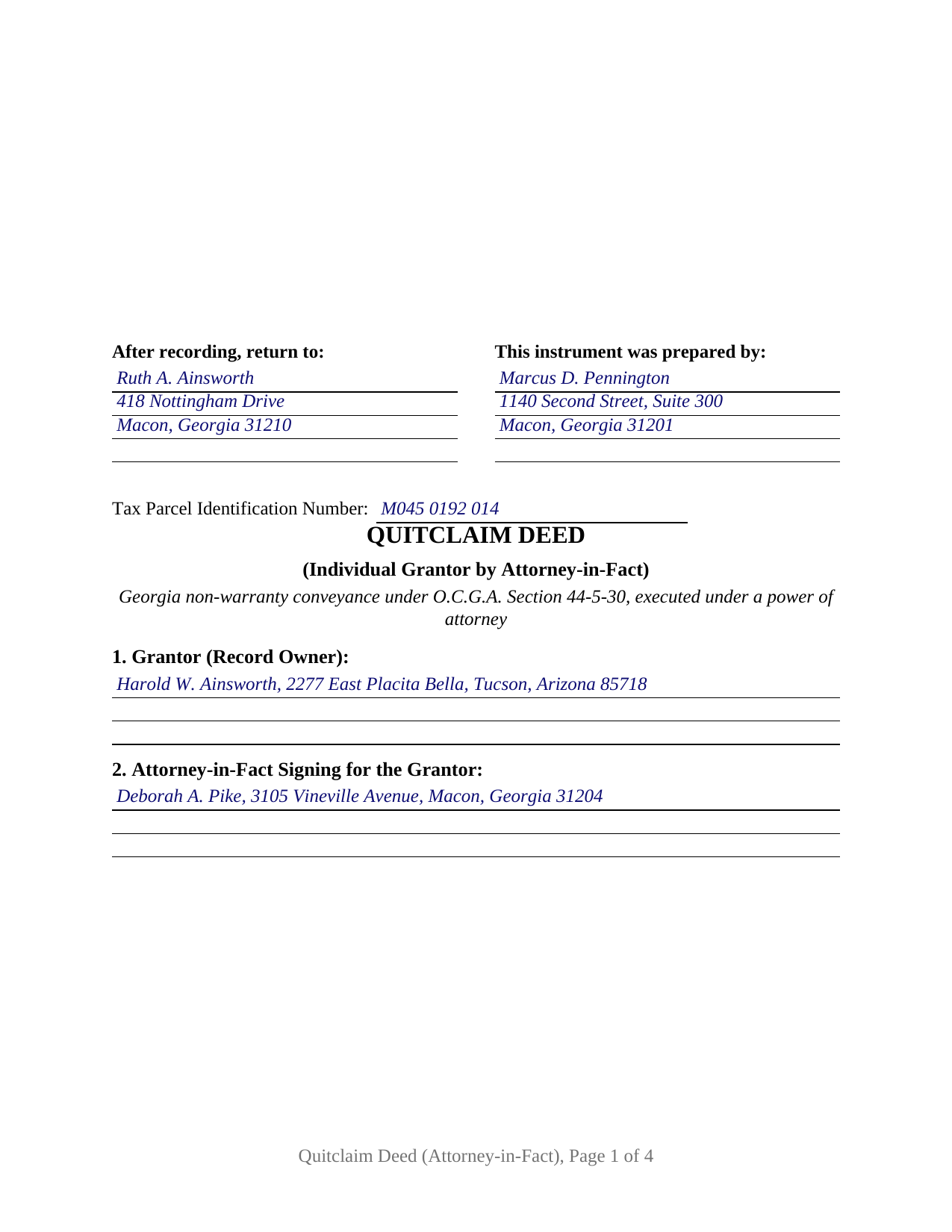 Elbert County Completed Example of the Quitclaim Deed (Individual Grantor by Attorney-in-Fact) Document