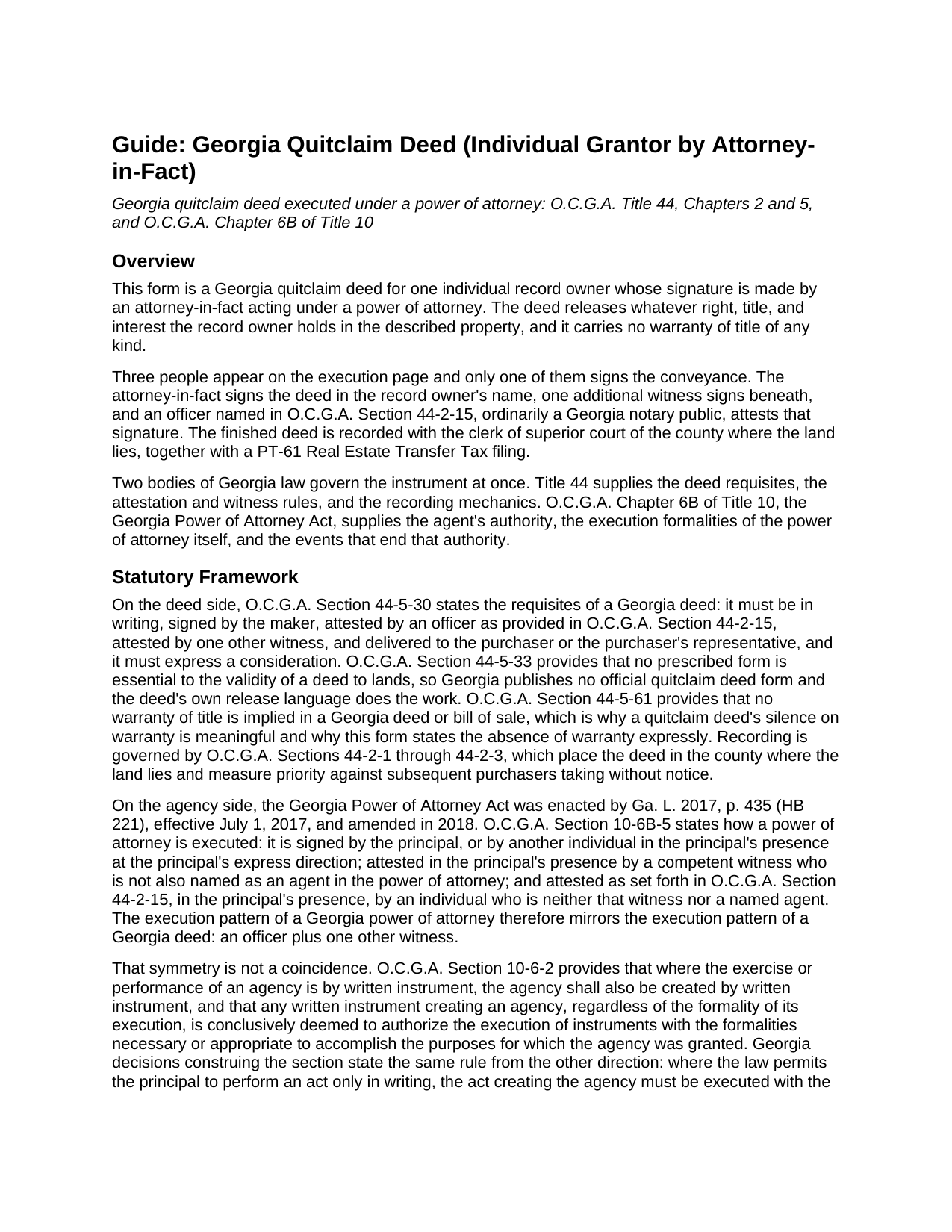 Elbert County Quitclaim Deed (Individual Grantor by Attorney-in-Fact) Guide
