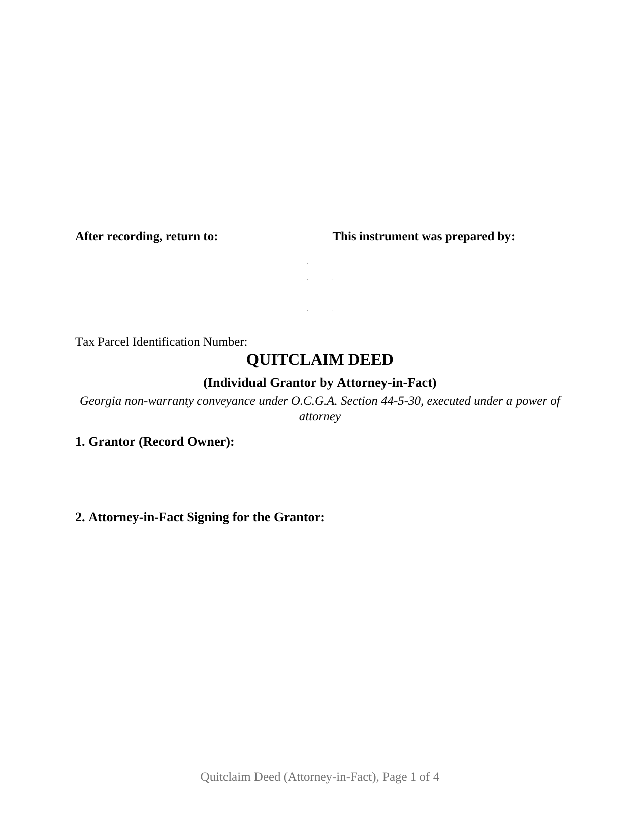 Elbert County Quitclaim Deed (Individual Grantor by Attorney-in-Fact) Form