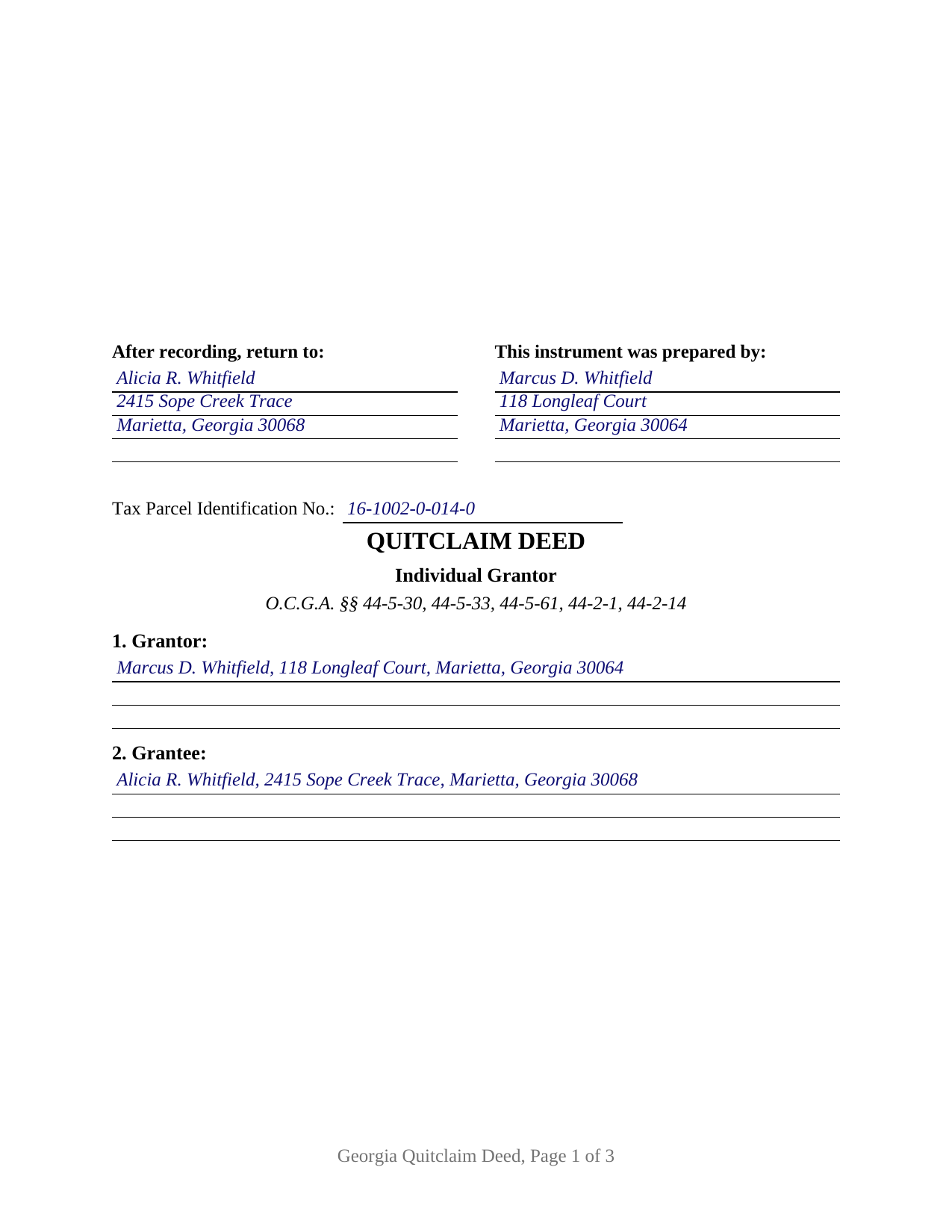 Forsyth County Completed Example of the Quitclaim Deed (Individual Grantor) Document