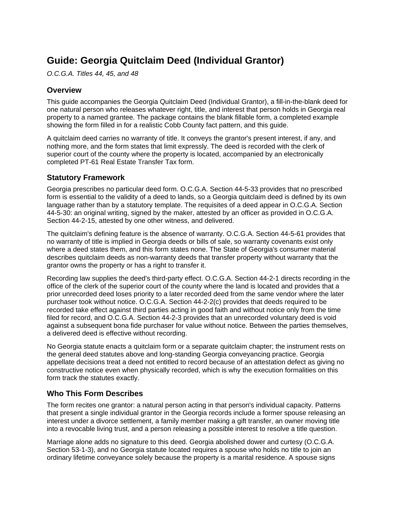 Forsyth County Quitclaim Deed (Individual Grantor) Guide
