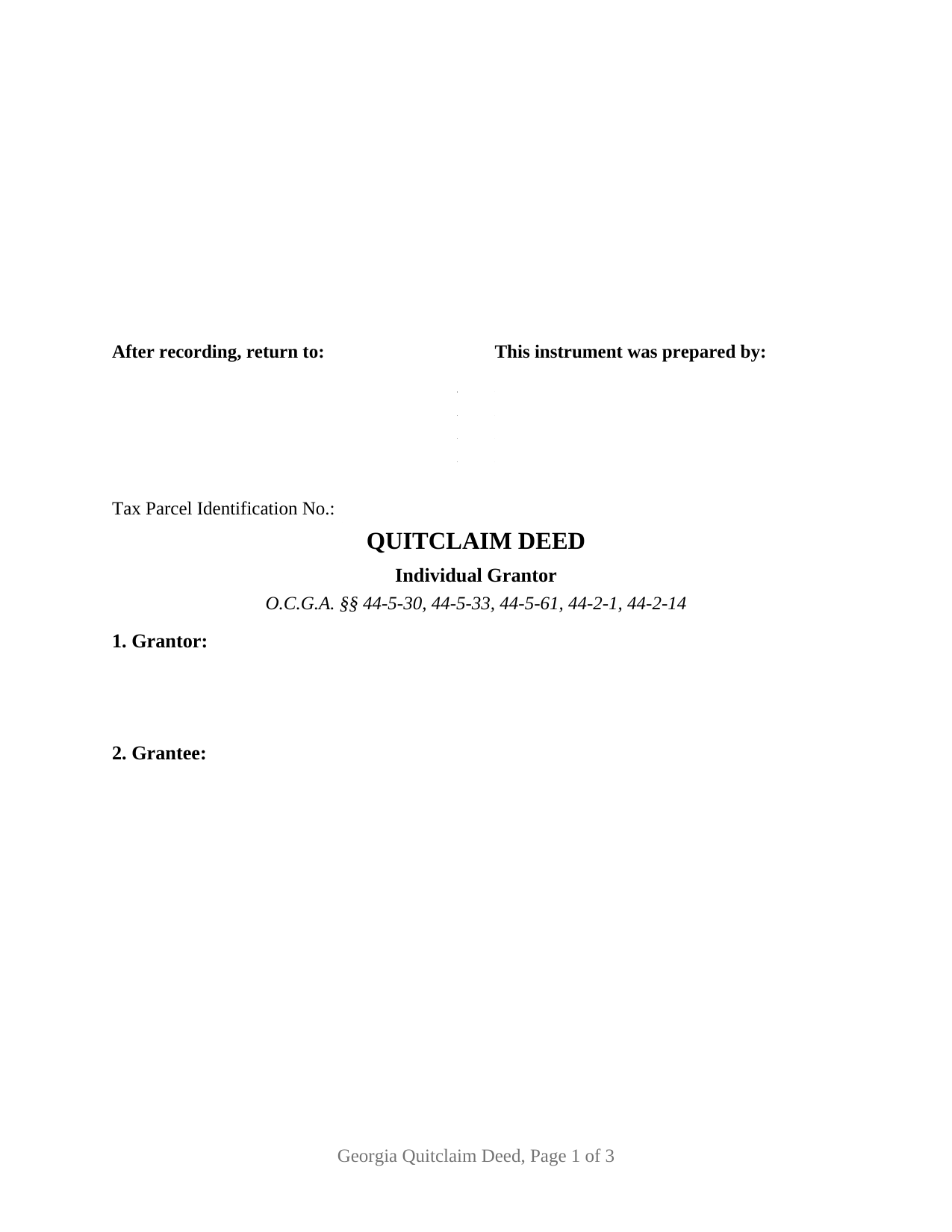 Forsyth County Quitclaim Deed (Individual Grantor) Form