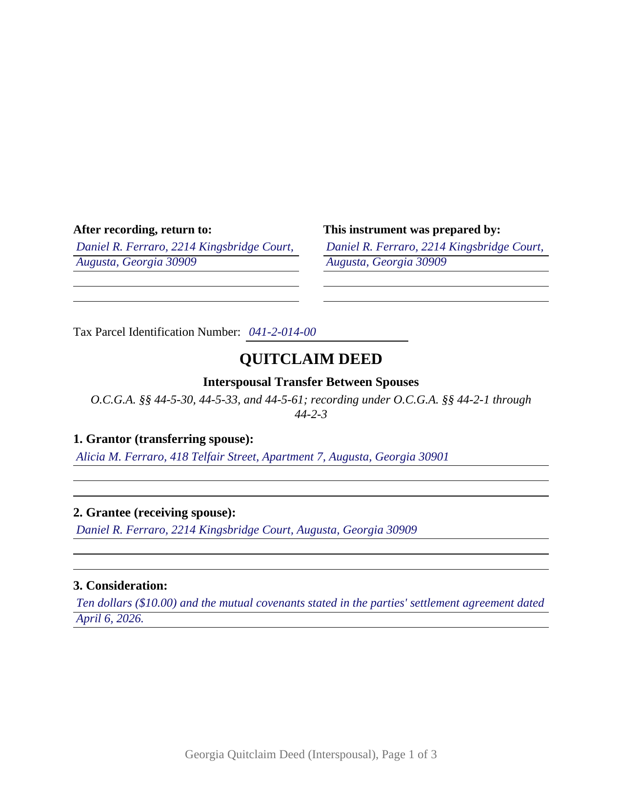 Berrien County Completed Example of the Quitclaim Deed (Interspousal) Document