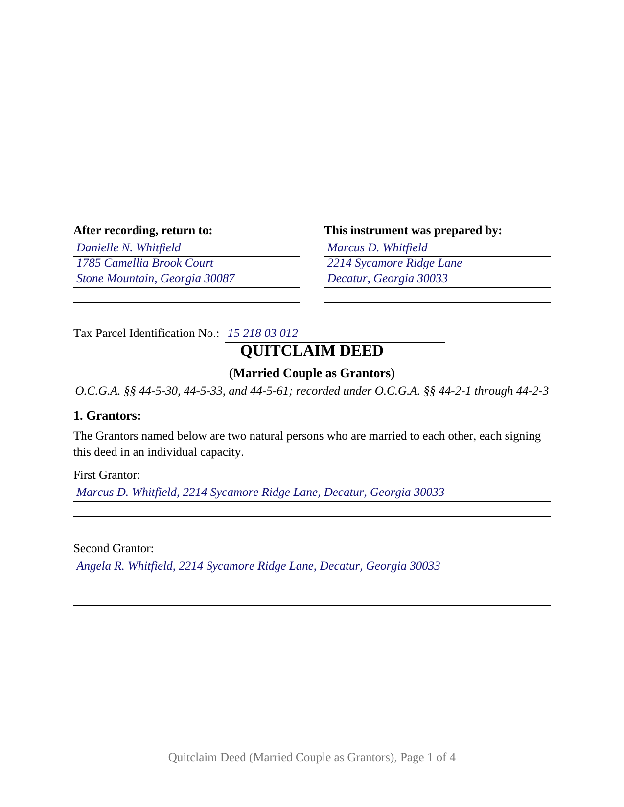 Morgan County Completed Example of the Quitclaim Deed (Married Couple as Grantors) Document