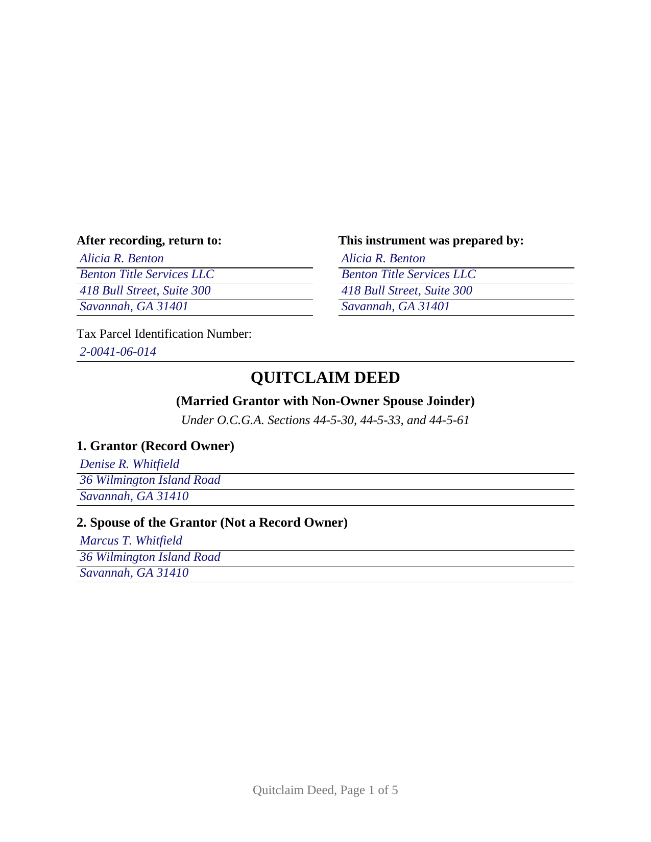 Morgan County Completed Example of the Quitclaim Deed (Married Grantor with Non-Owner Spouse Joinder) Document