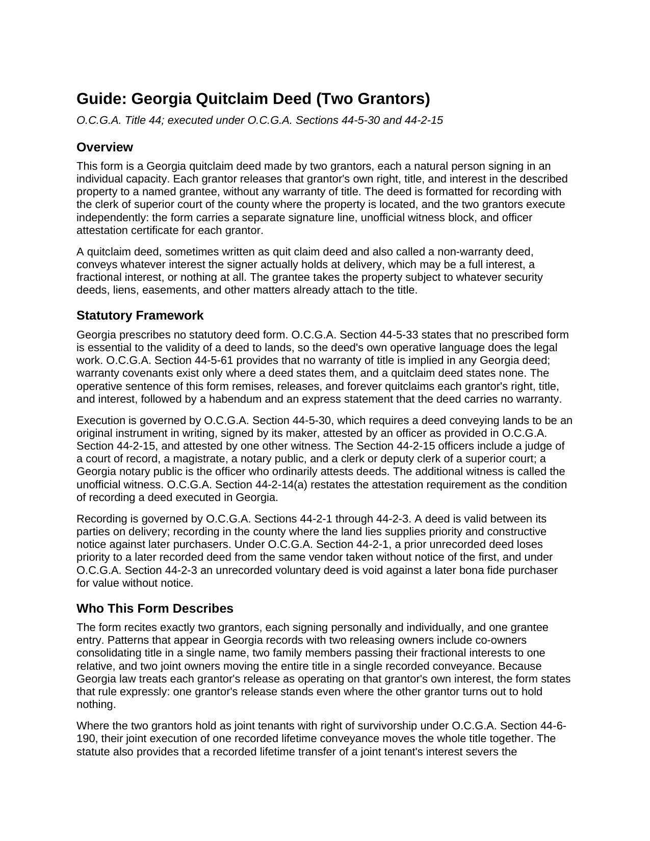 Dekalb County Quitclaim Deed (Two Grantors) Guide