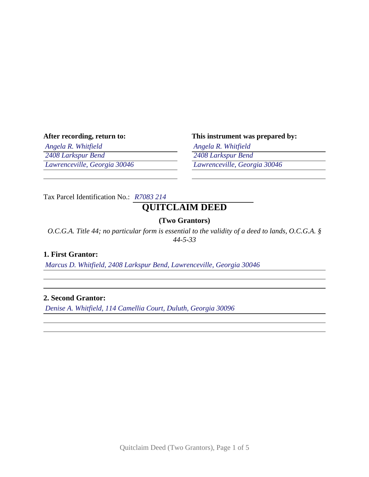 Dekalb County Completed Example of the Quitclaim Deed (Two Grantors) Document