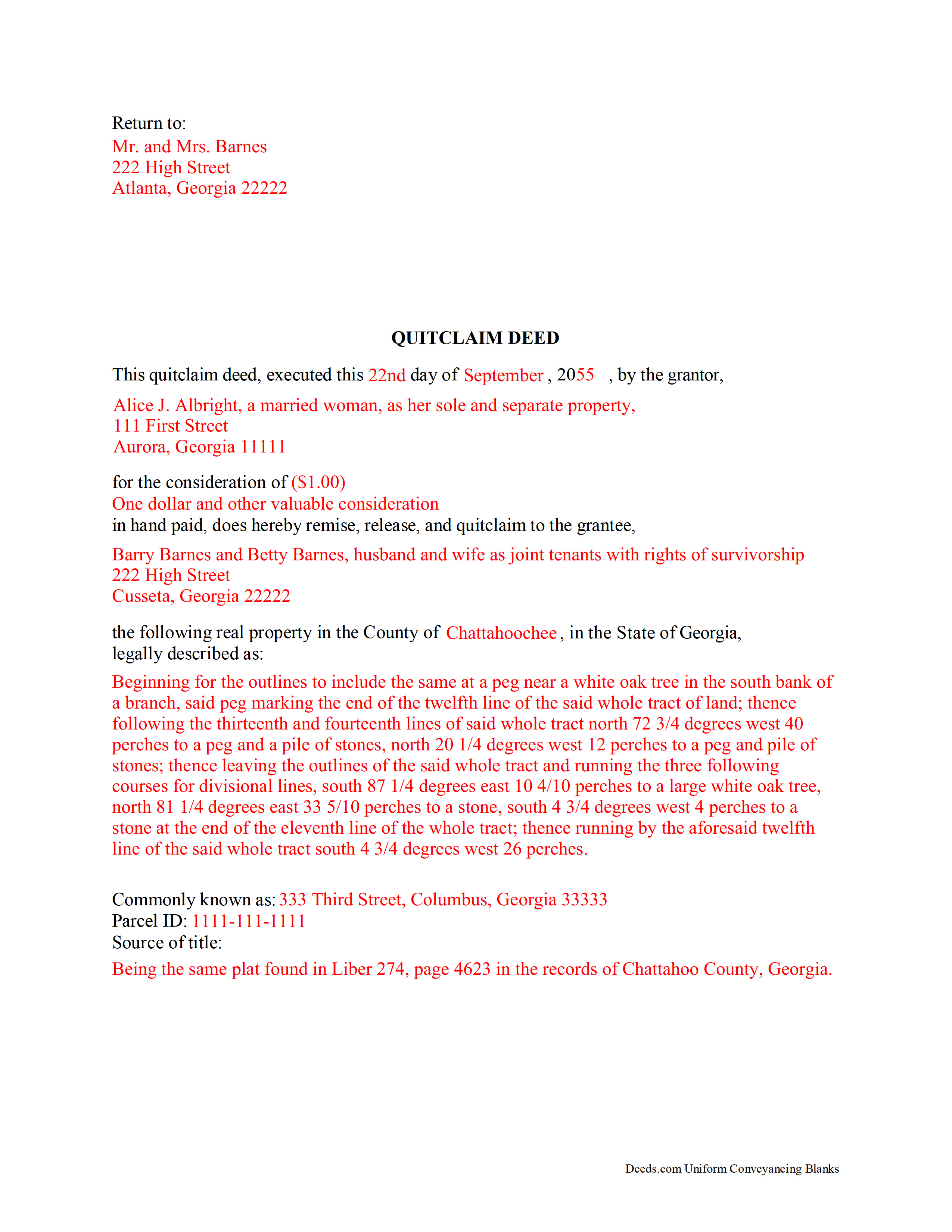 Walton County Completed Example of the Quitclaim Deed Document