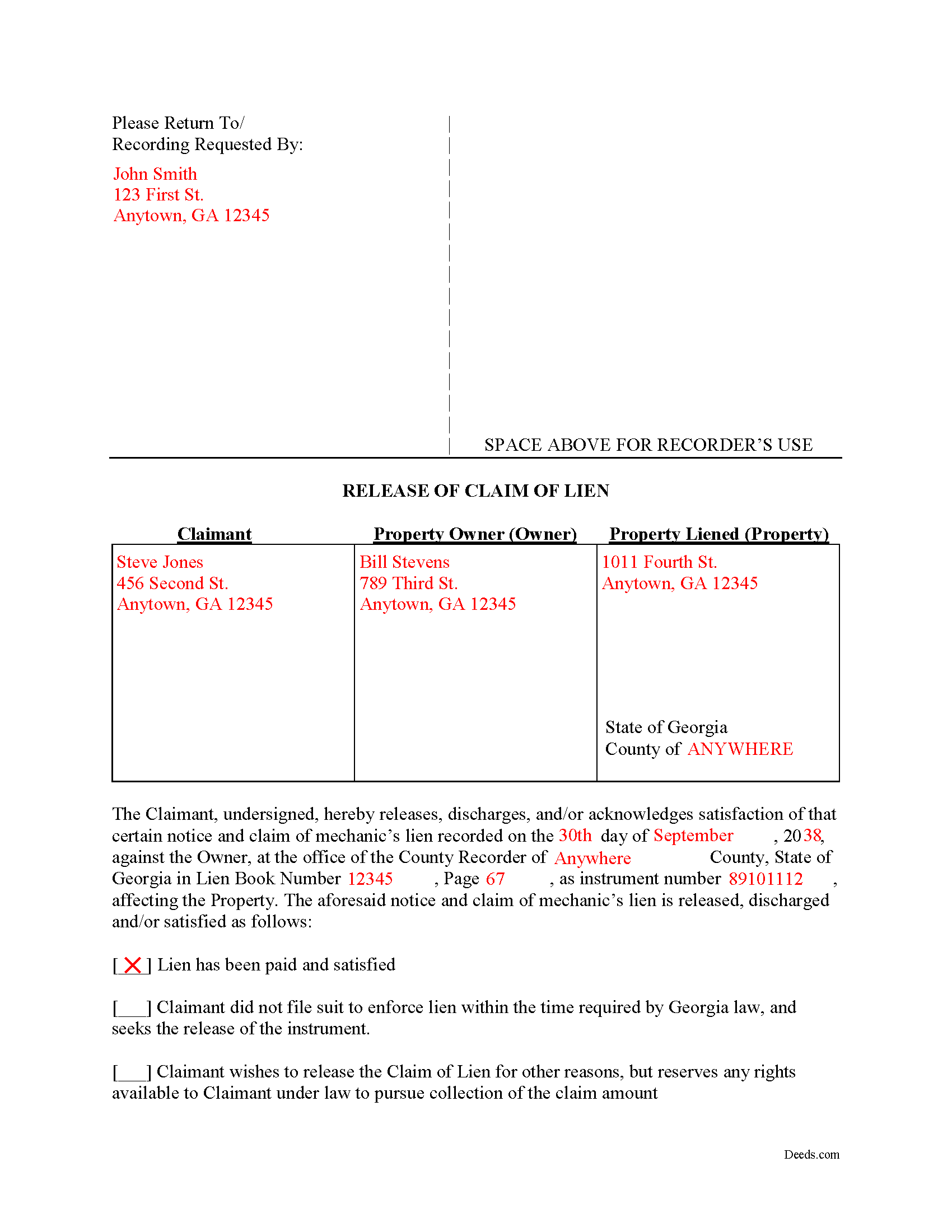 Completed Example of the Release of Claim of Lien Document