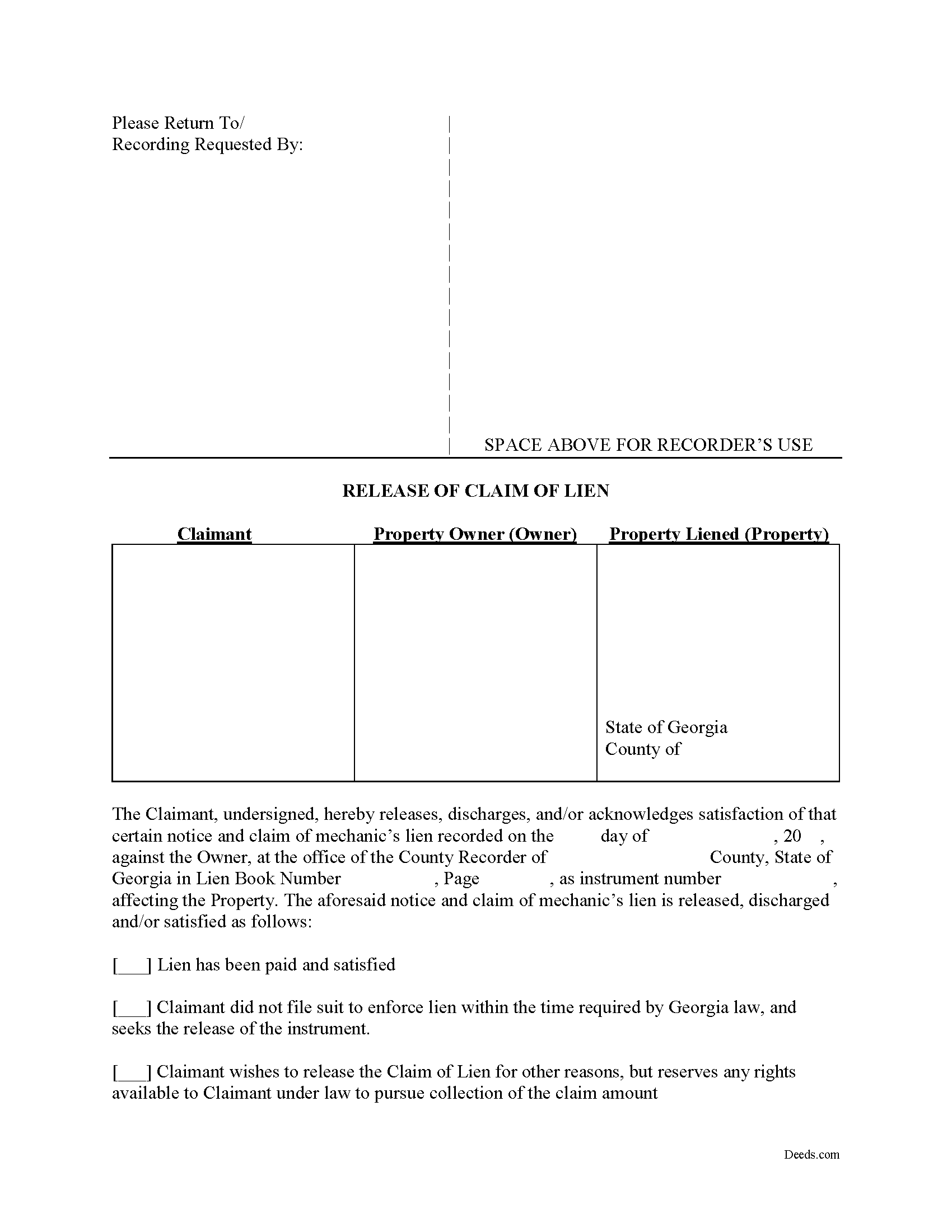 Bryan County Release of Claim of Lien Form