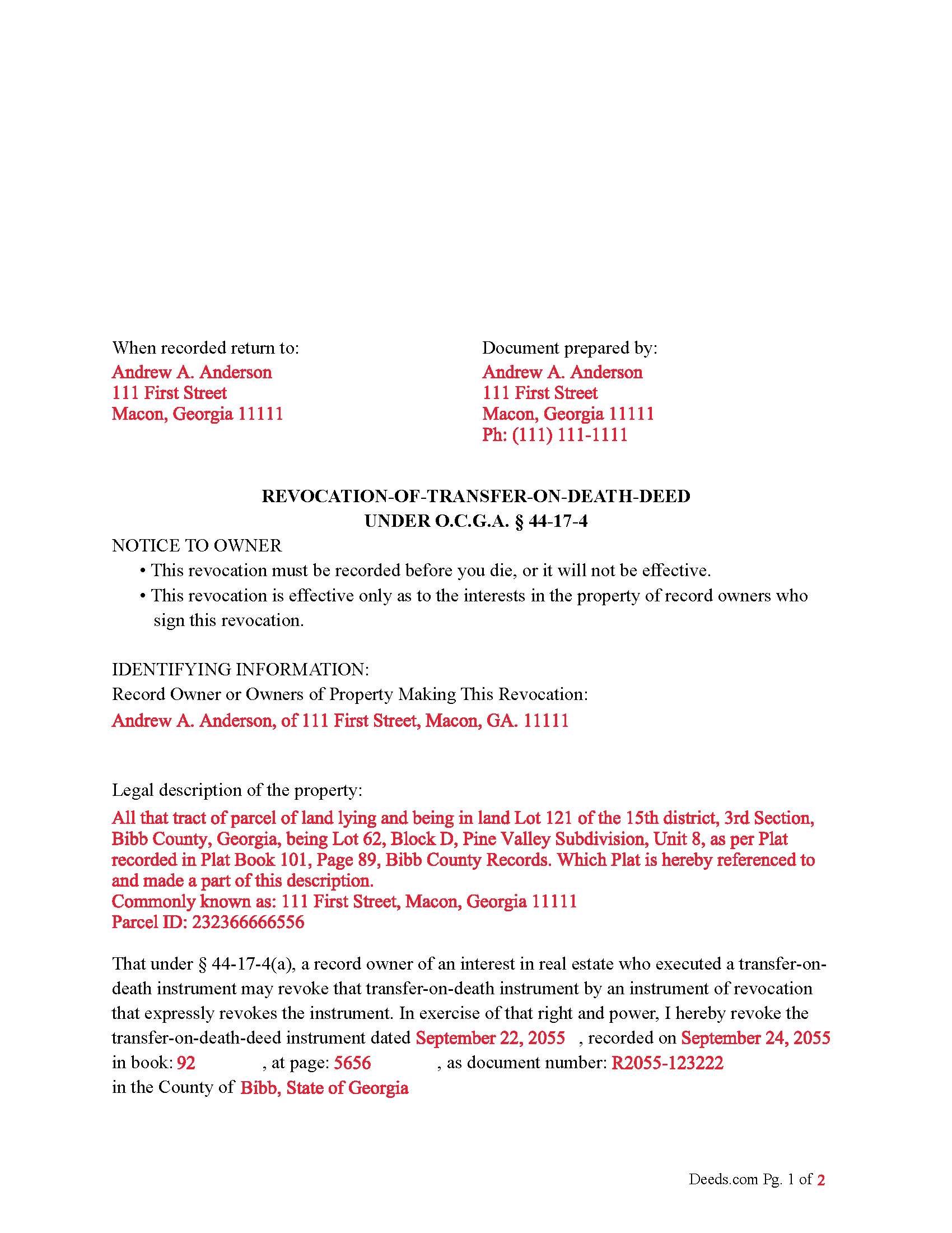 Henry County Completed Example of the Revocation of Transfer on Death Deed Document