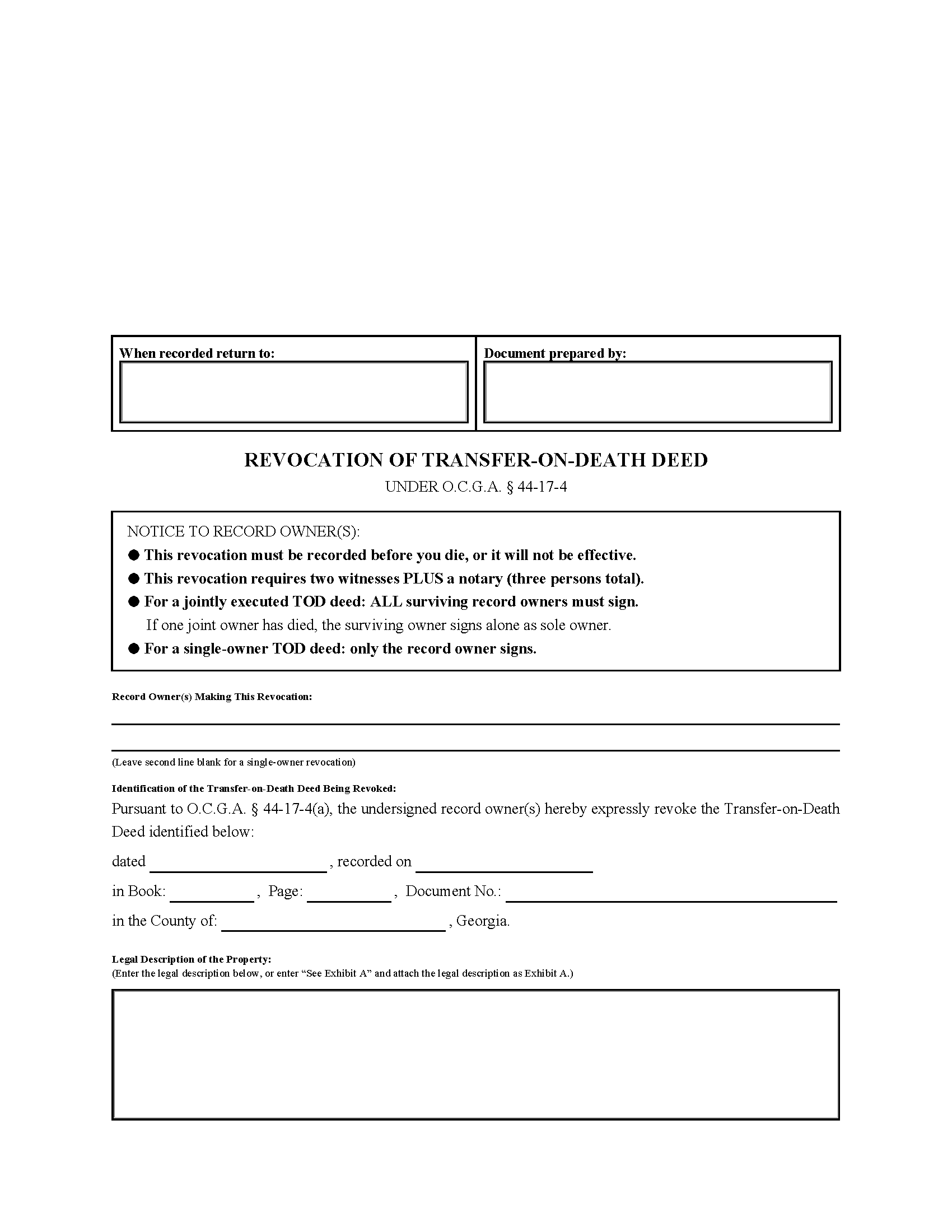 Rabun County Revocation of Transfer on Death Deed Form