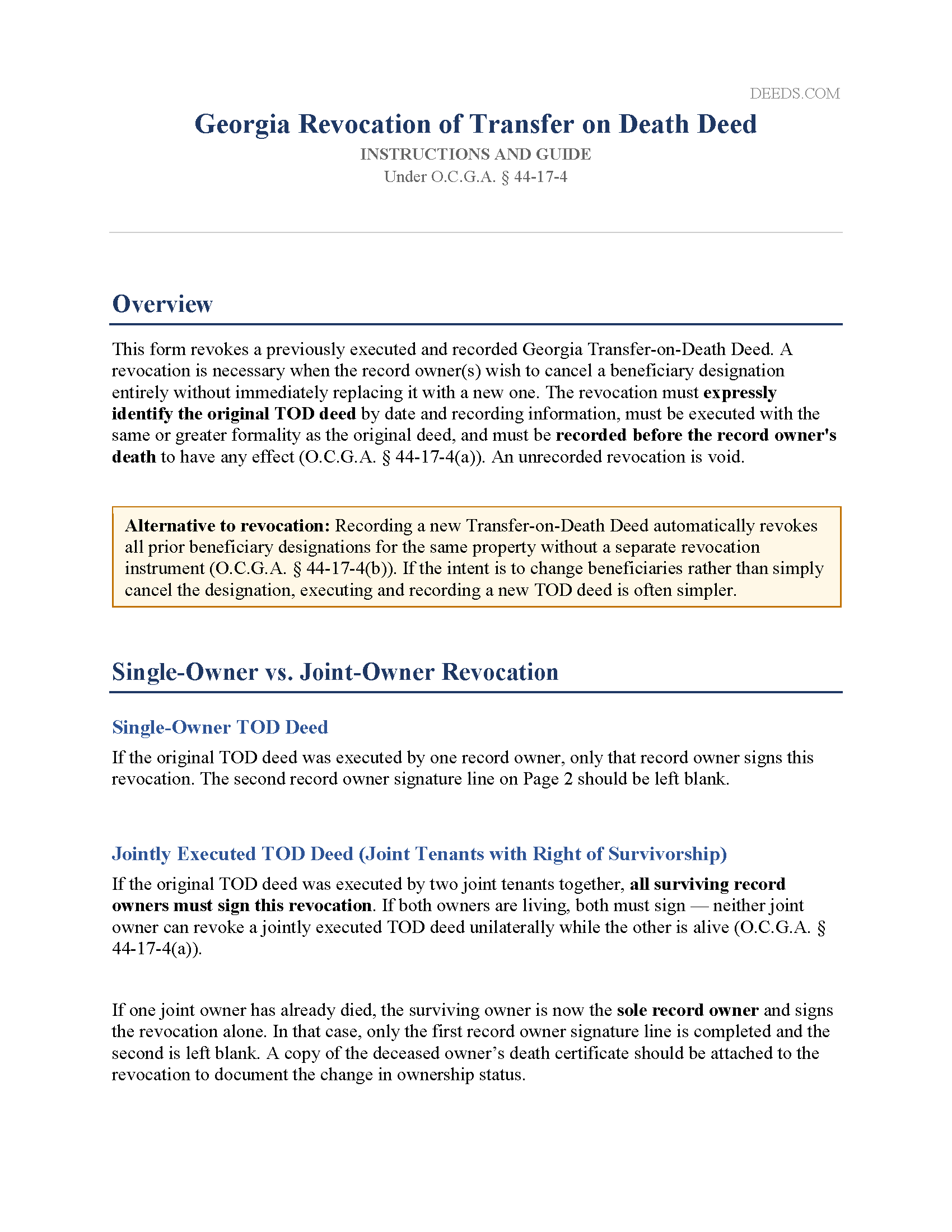 Rabun County Revocation of Transfer on Death Deed Guide