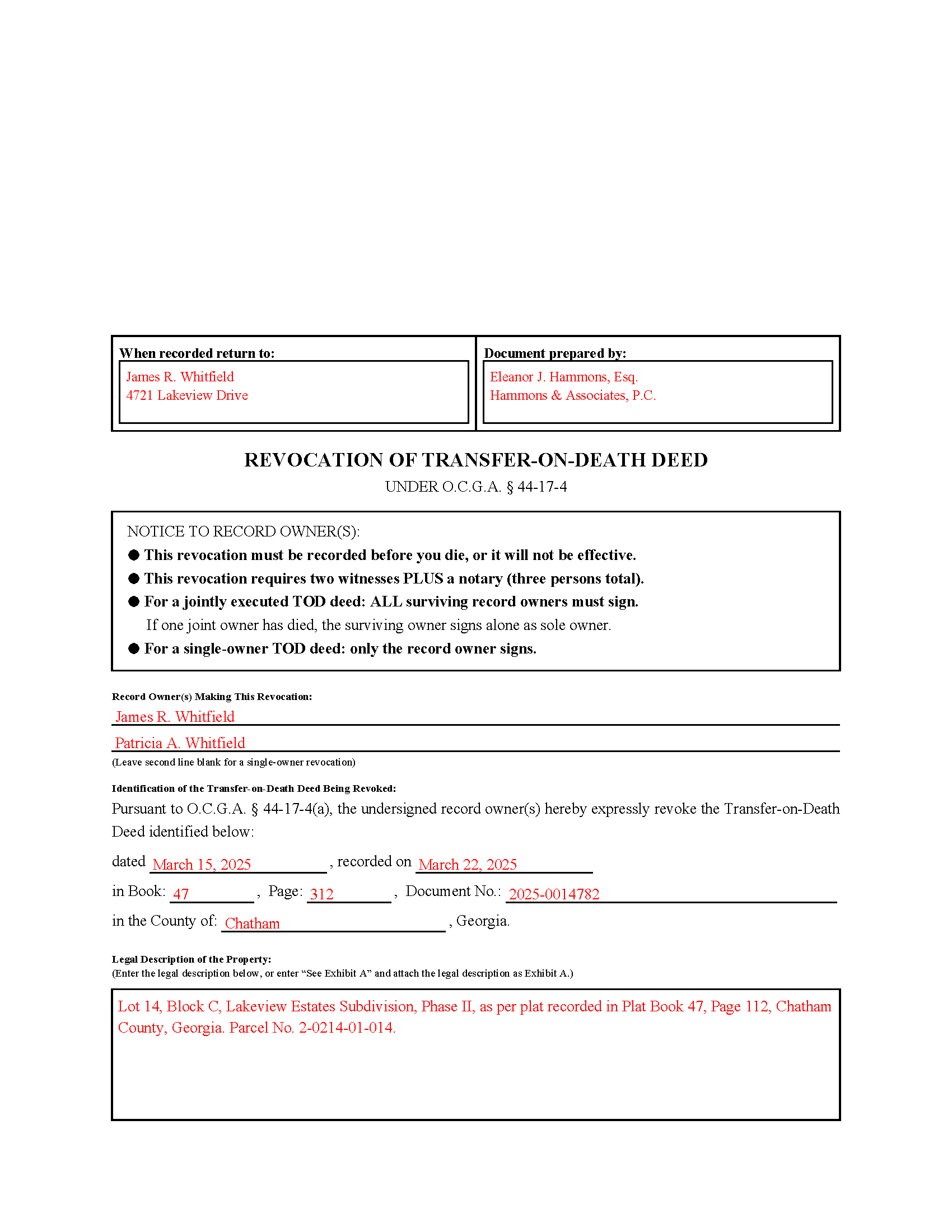 Rabun County Completed Example of the Revocation of Transfer on Death Deed Document