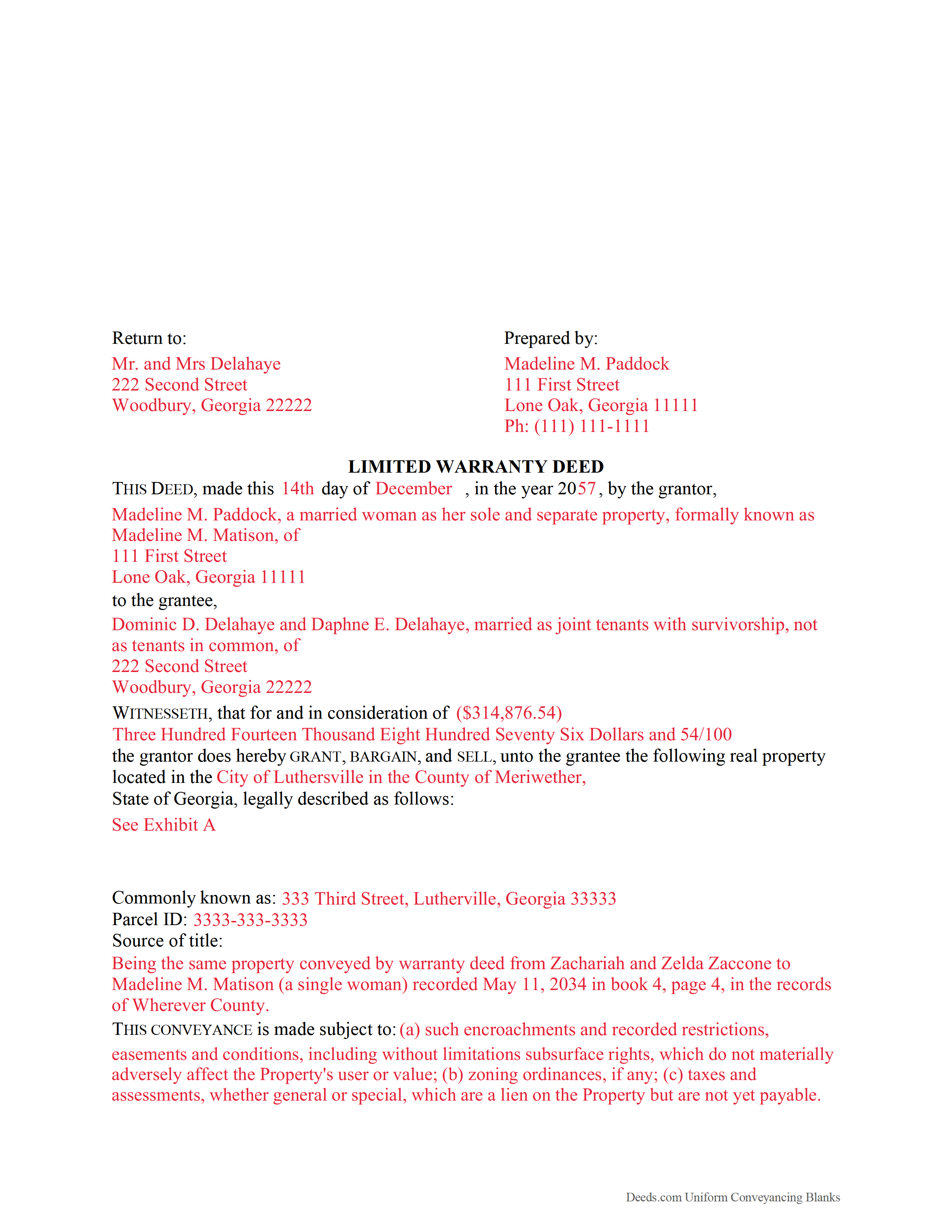 Gilmer County Completed Example of the Special Warranty Deed Document