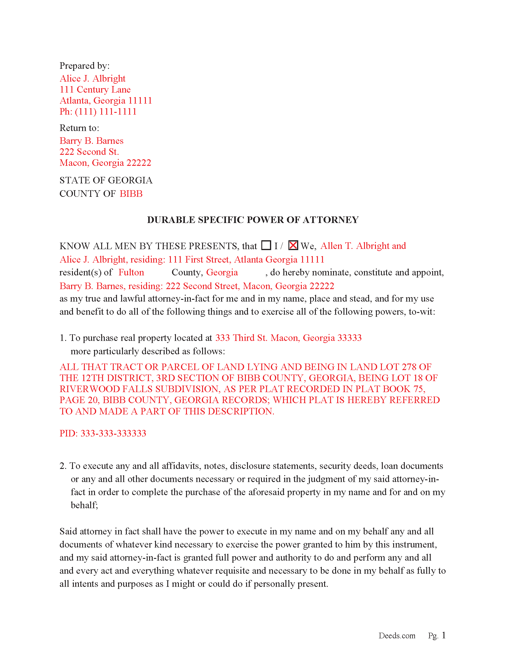 Cobb County Completed Example of the Specific Power of Attorney Document
