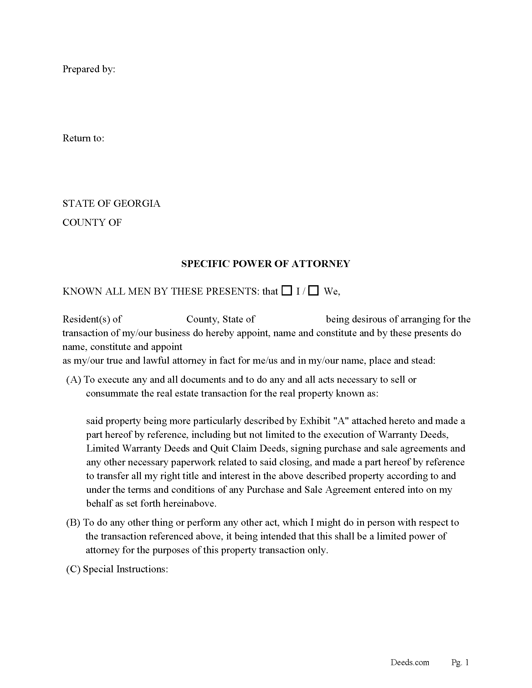 Irwin County Specific Power of Attorney Form for the Sale of Property