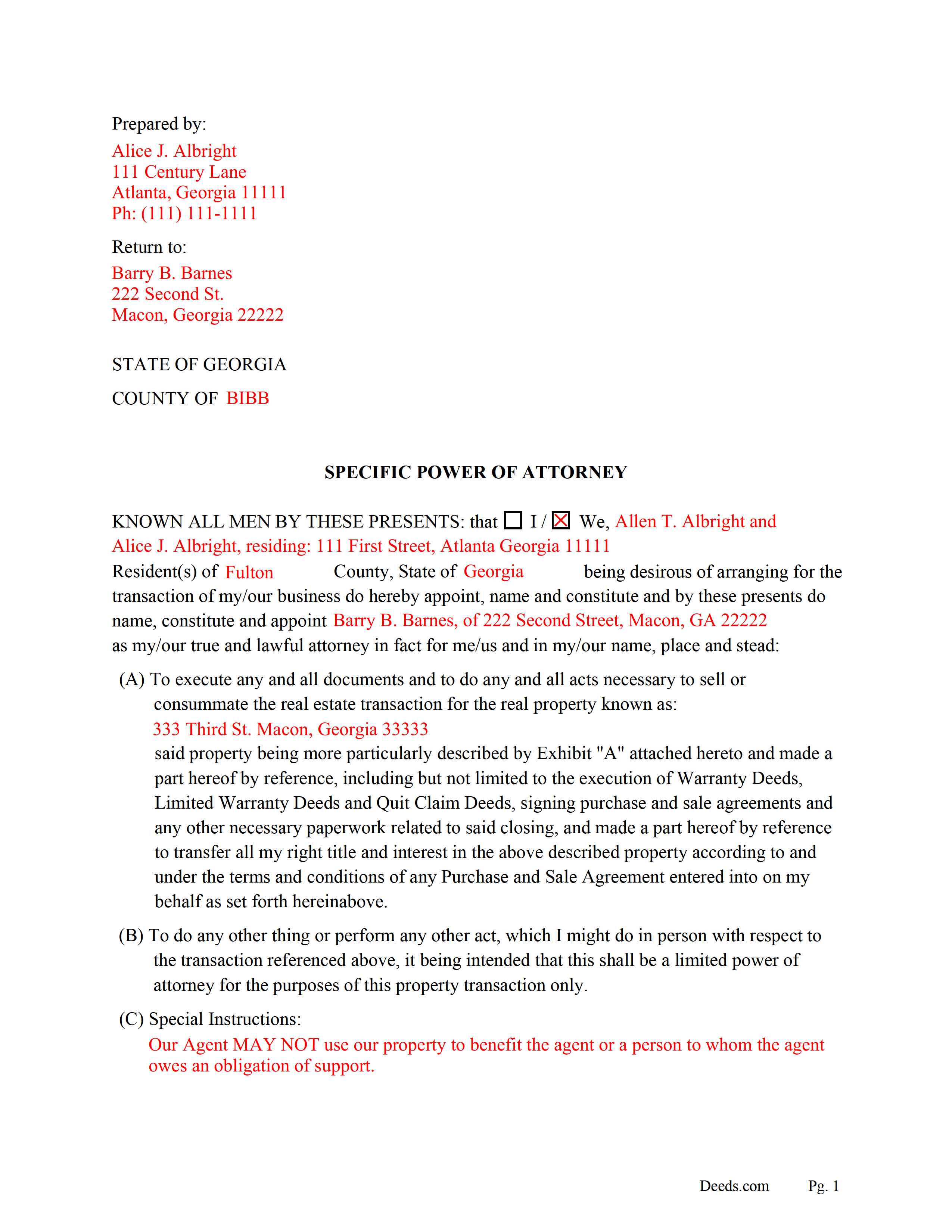 Completed Example of the Special Power of Attorney Document