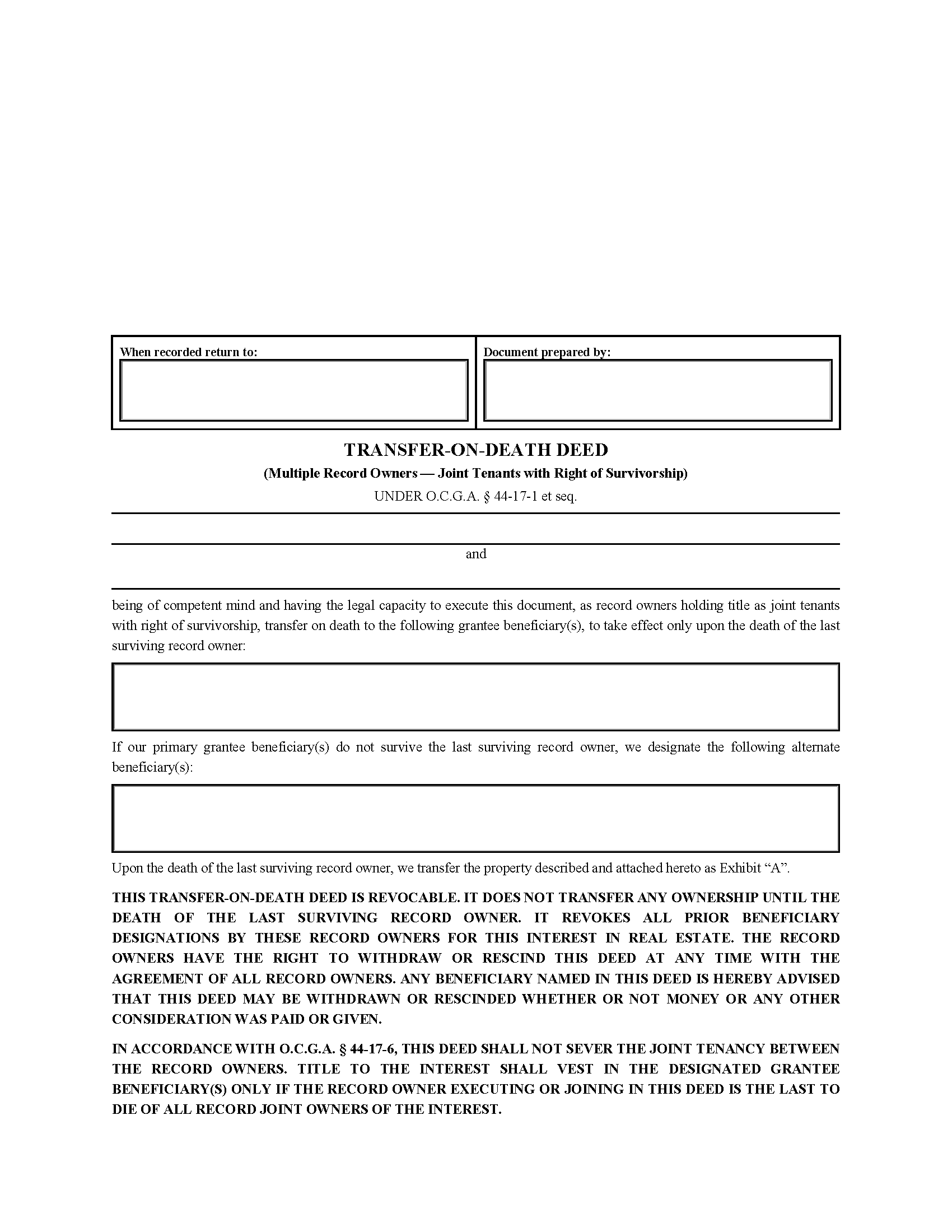 Houston County Transfer on Death Deed for Joint Tenants with Right of Survivorship Form