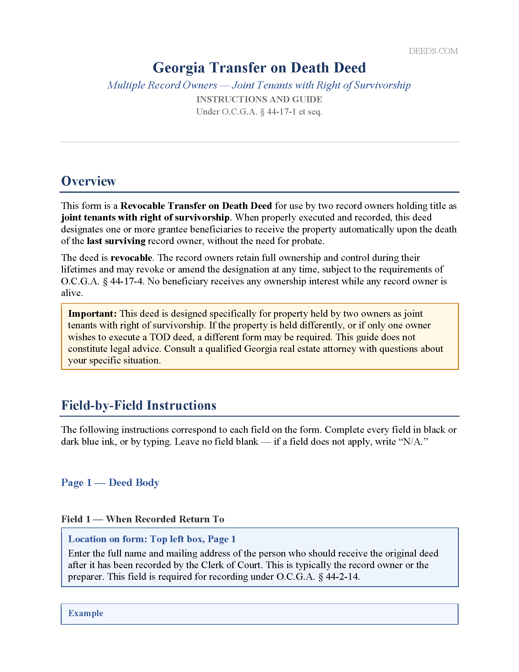 Houston County Transfer on Death Deed for Joint Tenants with Right of Survivorship Guide