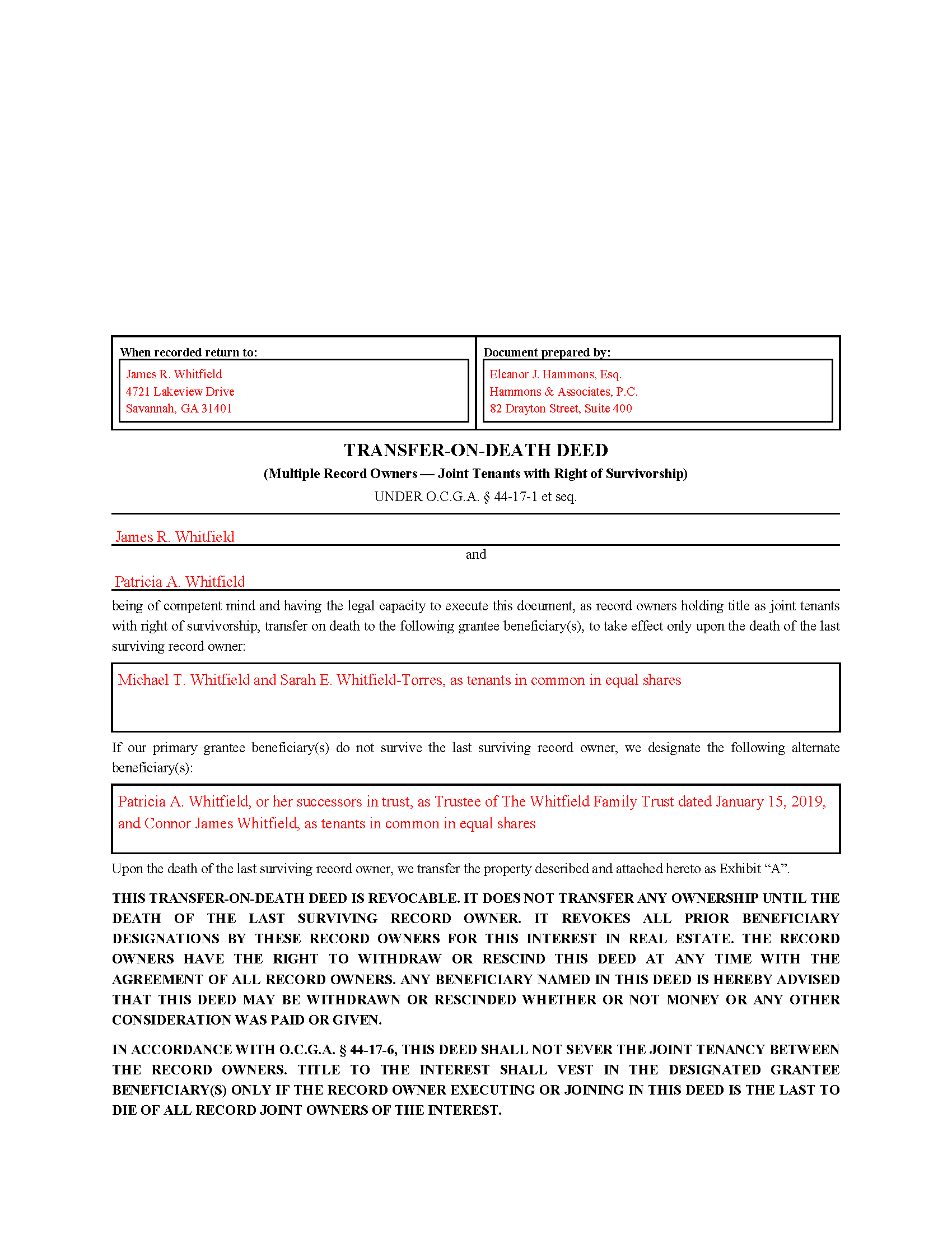 Houston County Completed Example of the Transfer on Death Deed for Joint Tenants with Right of Survivorship Document