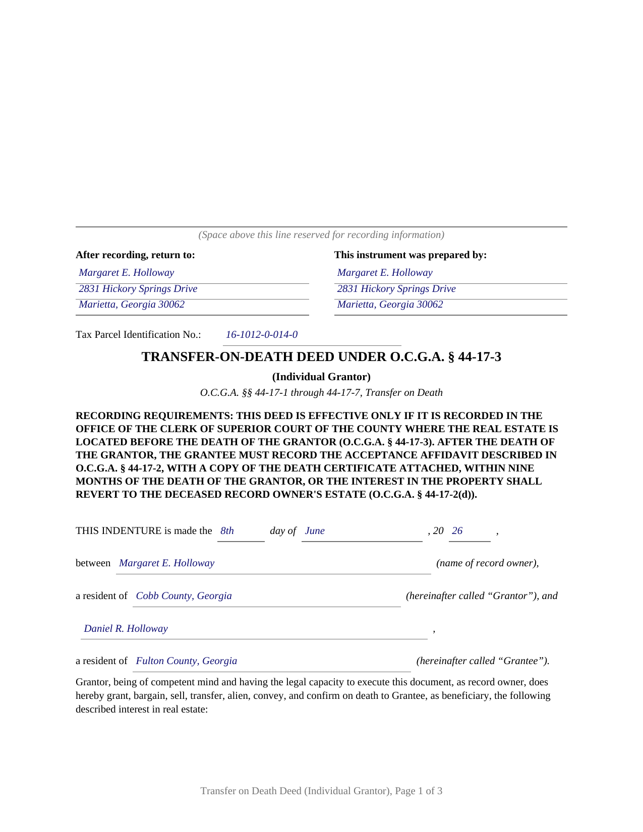 Laurens County Completed Example of the Transfer on Death Deed (Individual Grantor) Document