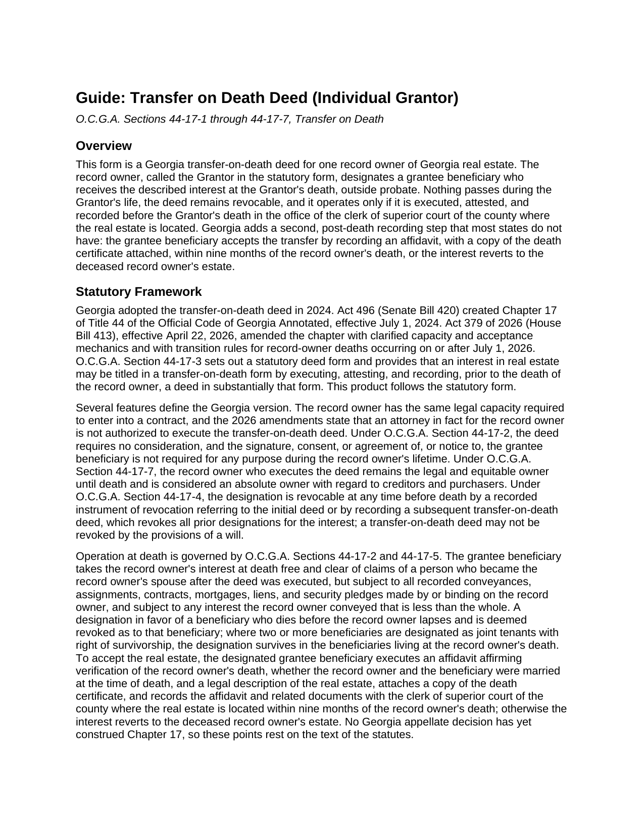 Laurens County Transfer on Death Deed (Individual Grantor) Guide