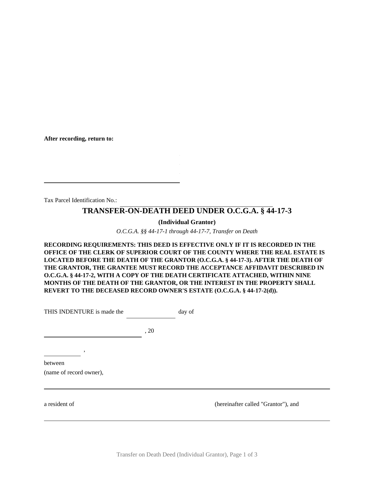 Bulloch County Transfer on Death Deed (Individual Grantor) Form